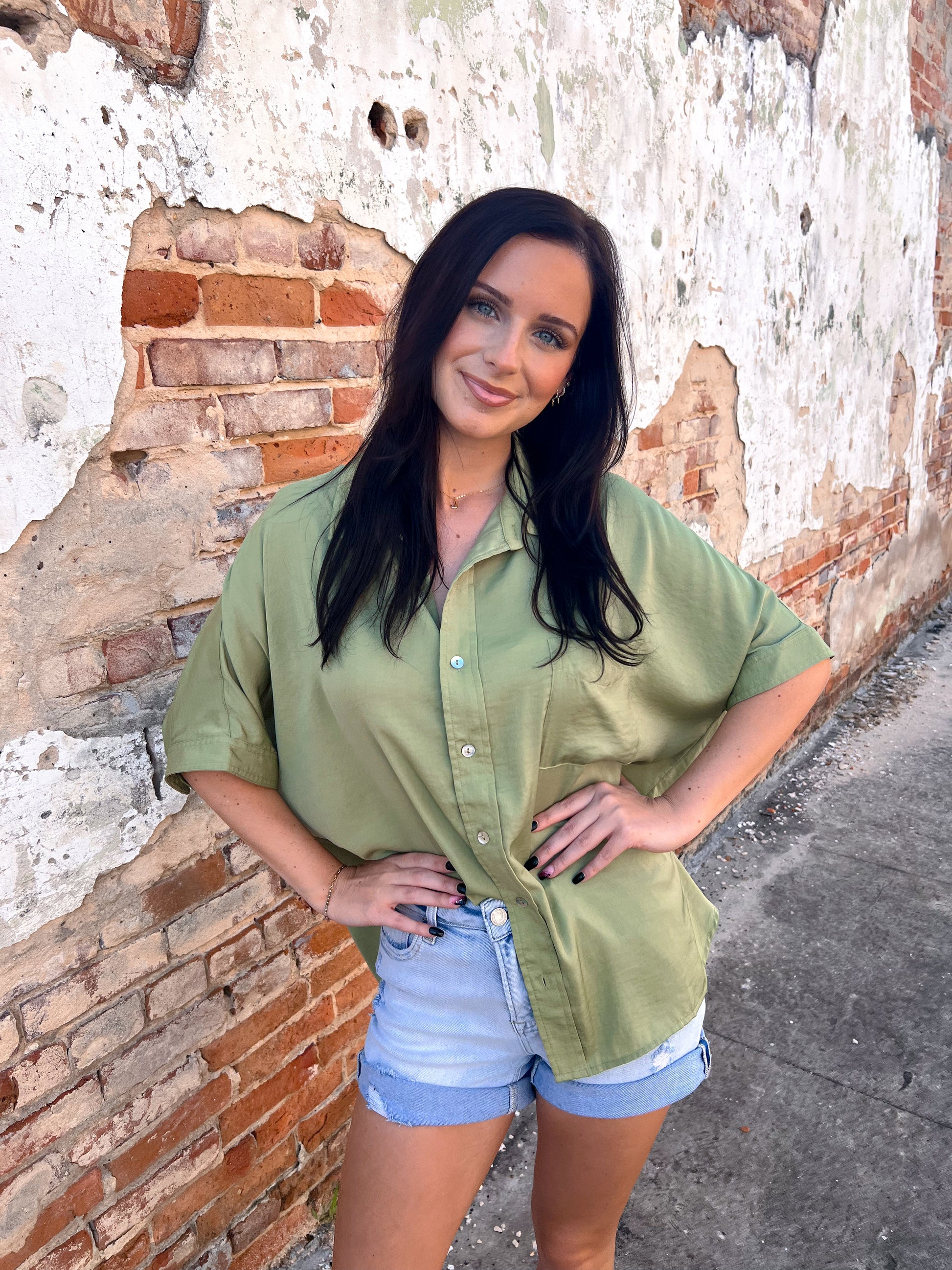 Evalina Solid Short Sleeve Button Down Top-Apparel & Accessories-ee:some-BIN D3,FD 06/18/24,TK11019,Tops Collection-The Twisted Chandelier