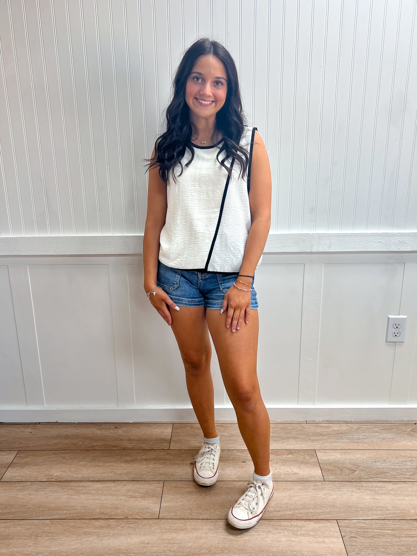 Emery Sleeveless Round Neck Woven Top with Contrasting Edge Detail-Active Basic | Active USA-FD 04/30/26,Tops Collection-The Twisted Chandelier