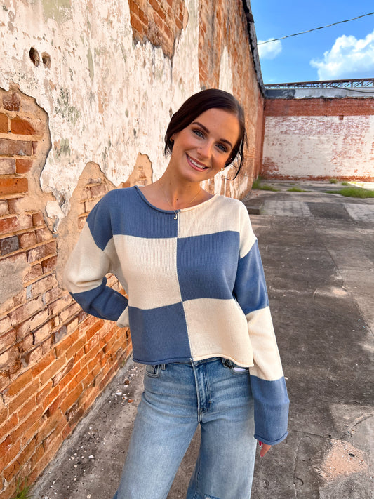 Paige Checkered Sweater Loose Fit Rolled Hem Sweater-La Miel-Bin a1,FD 09/09/25,Tops Collection-The Twisted Chandelier