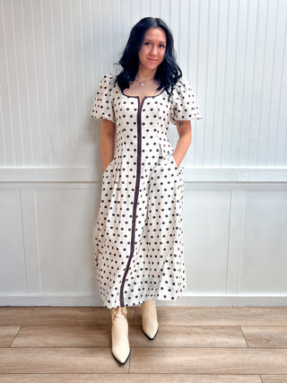 Vivi Polka Dot Short Puff Sleeve Midi Dress-Dress-ENTRO-D30640,DJR,FD 04/30/26-The Twisted Chandelier