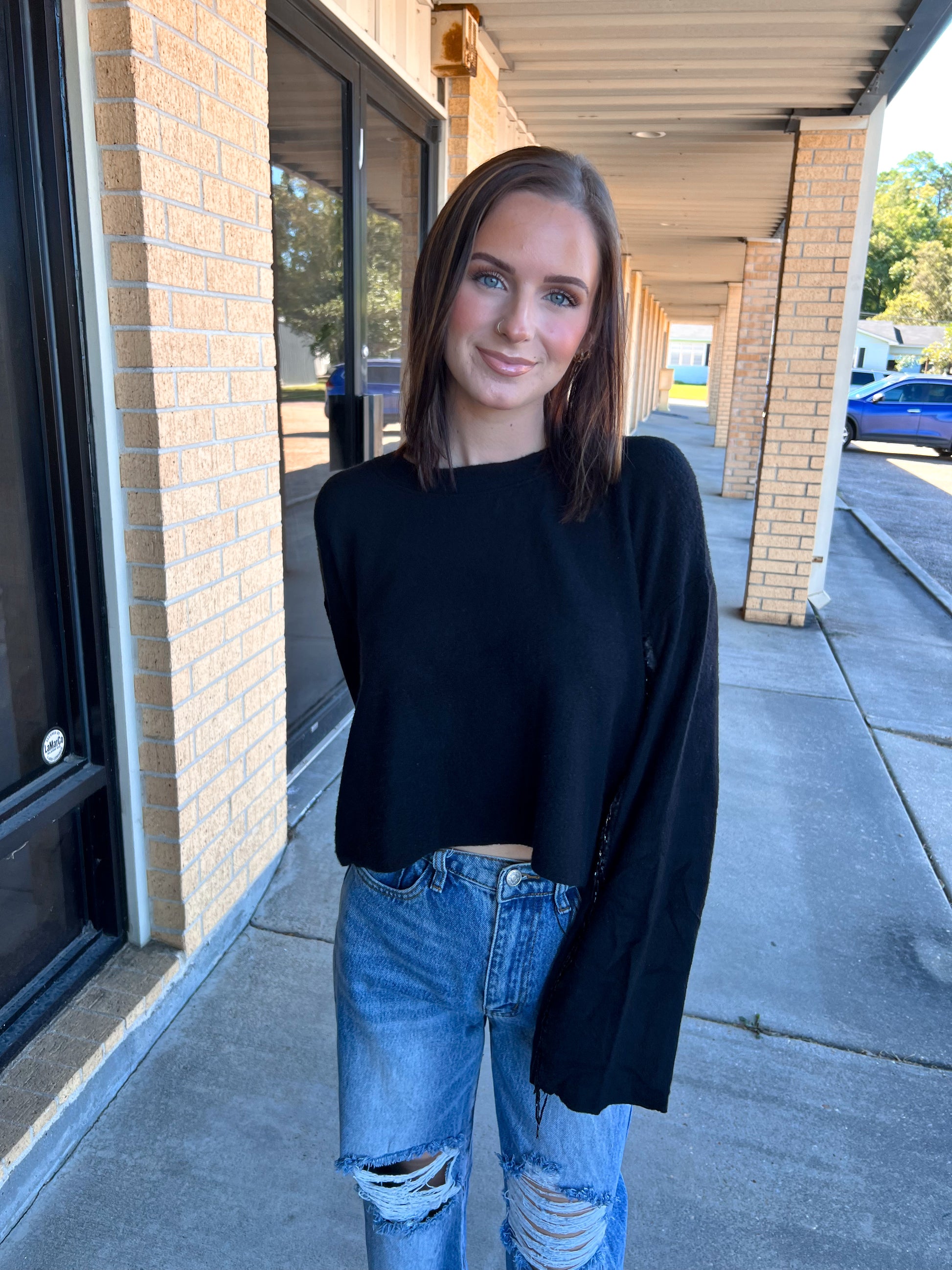 Valentina Black Sweater Rhinestone Fringed Sleeves-Sweater-Vocal-20005L,Max Retail,not on the floor only in totes,Winter Tote T1-The Twisted Chandelier