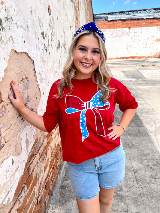 Red White And Blue Bow Tee Shirt-Apparel & Accessories-Southern Grace Wholesale-6893e-red-bow, BIN A5-The Twisted Chandelier