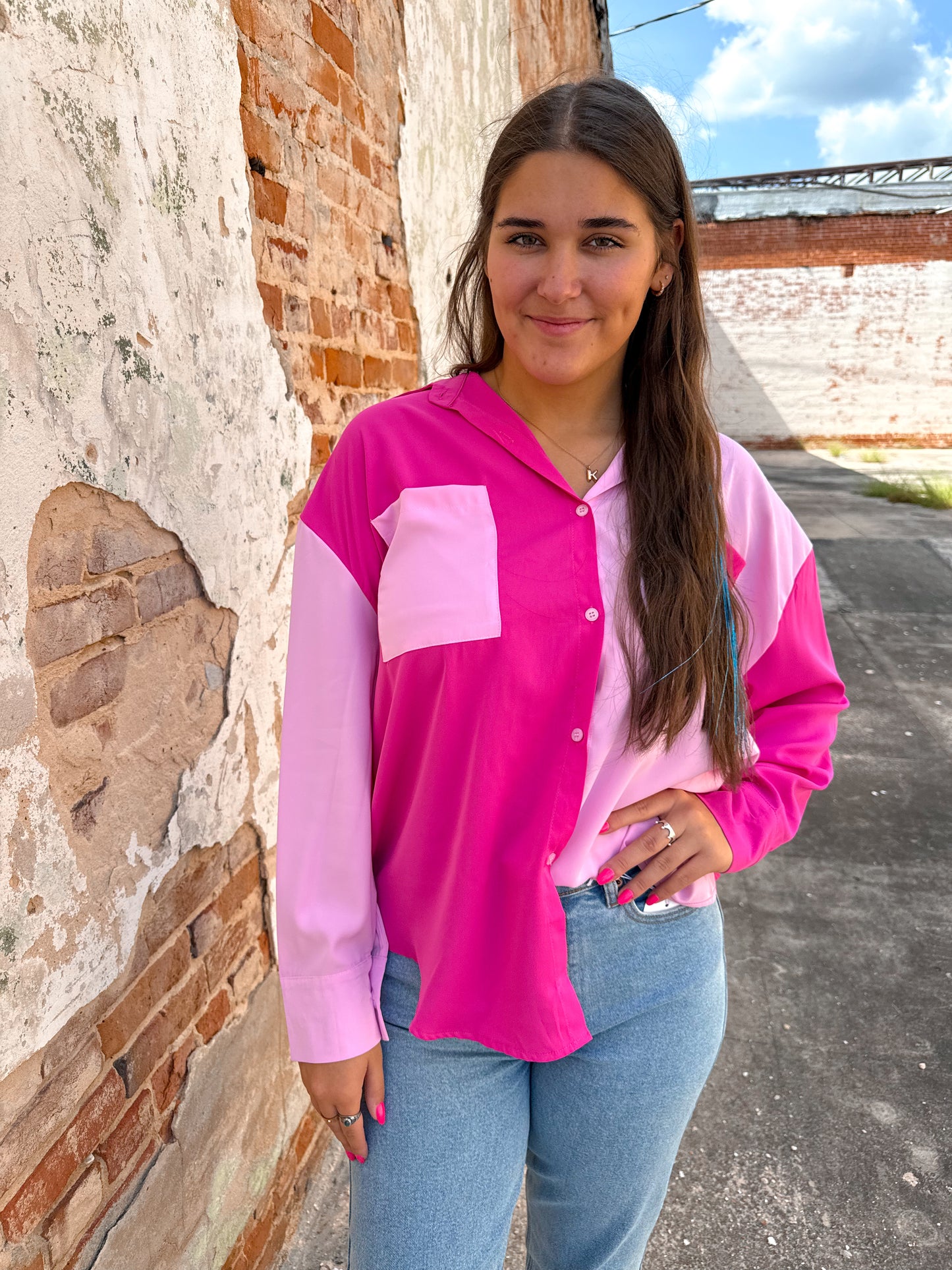 Pink Color Block Button Up Top-TOP-Southern Grace Wholesale-7660-CC-PINK, Bin b3, Tops Collection-The Twisted Chandelier