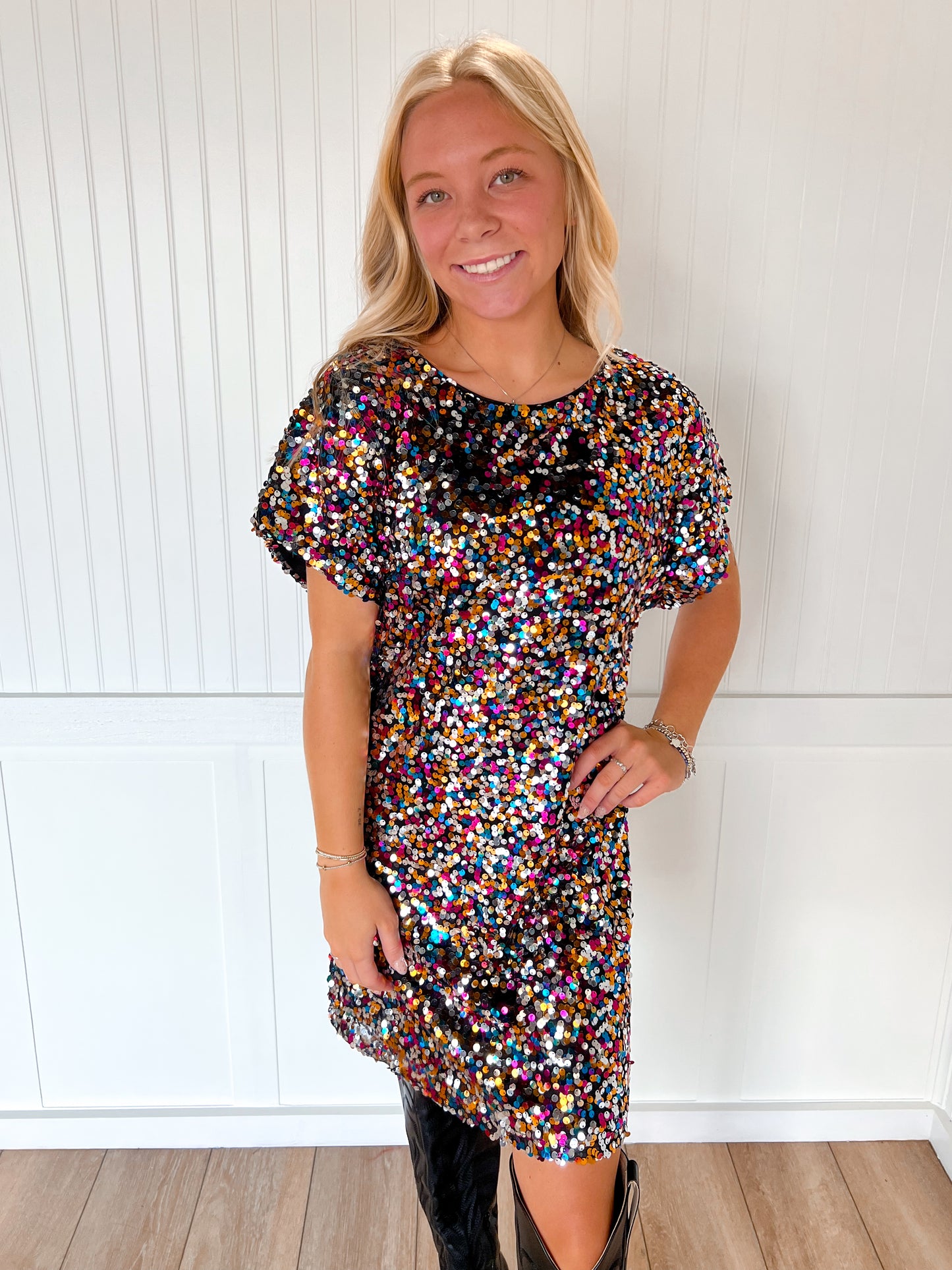 Aubrie Multi Color Sequin Embellishment Boat Neck Dress-Vine & Love-DJR-The Twisted Chandelier