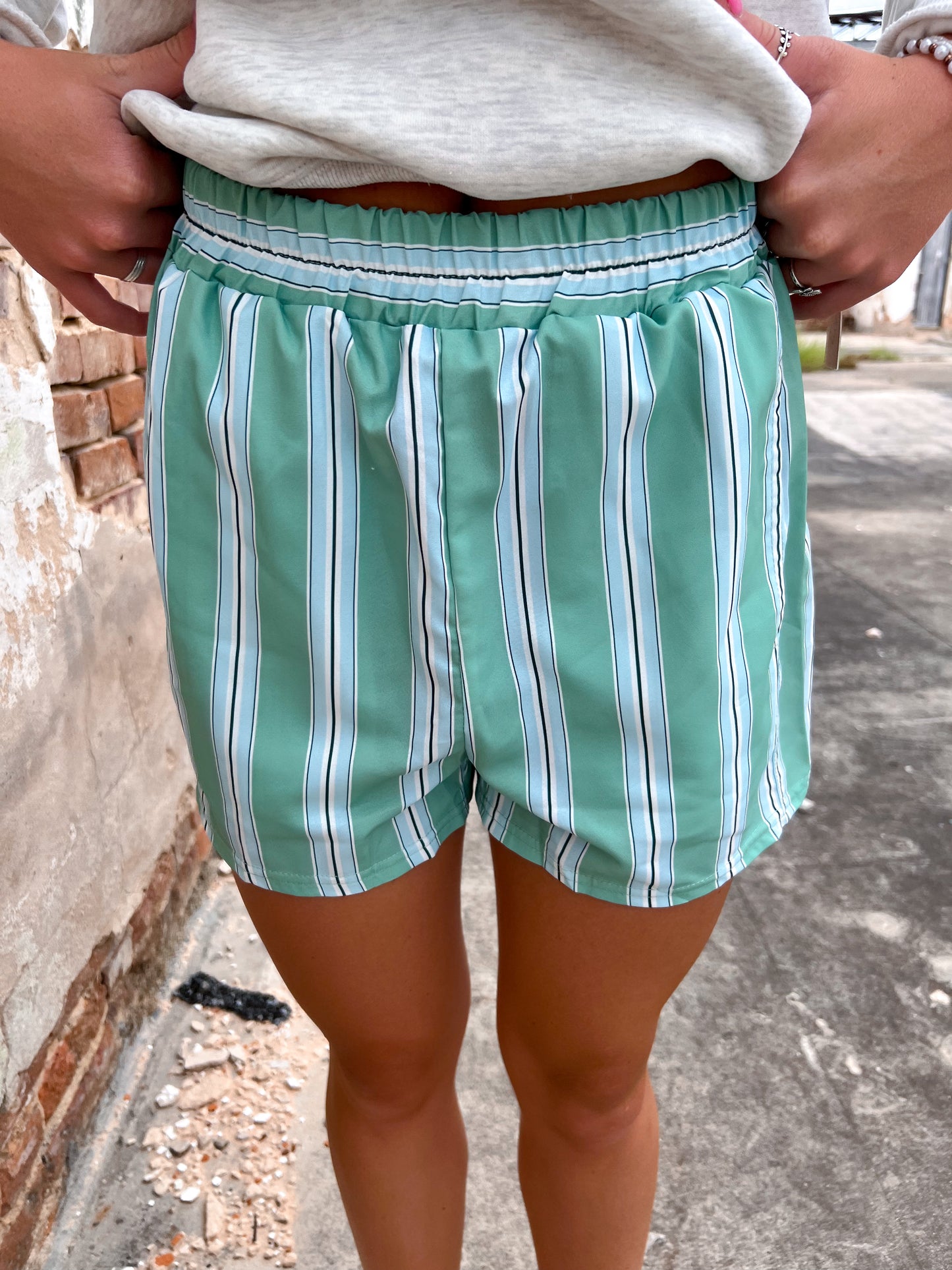 Stella Elastic Waist Boxer Shorts - Green & Blue Striped-Shorts-Rosa Clothing-BIN A4, FD 09/03/24-The Twisted Chandelier