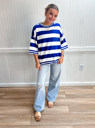 Baylor Stripe Knit Oversized Top - Blue