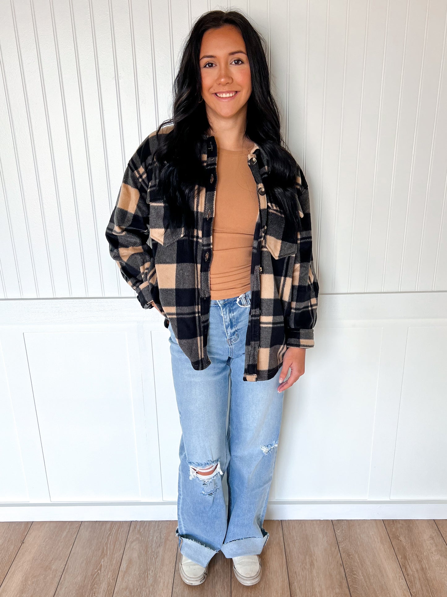 Loretta Long Sleeve Check Printed Fleece Shacket-Active Basic | Active USA-Tops Collection-The Twisted Chandelier