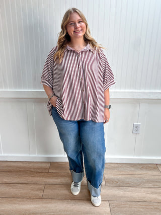 Merritt Oversized Stripe Button Down Shirt - Cabernet-Top-Zenana-Tops Collection-The Twisted Chandelier
