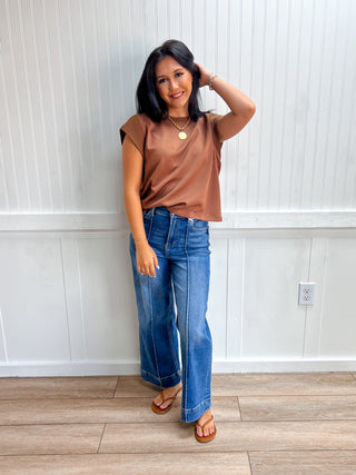 Cora Solid Round Neck Cap Sleeve Top - Mocha