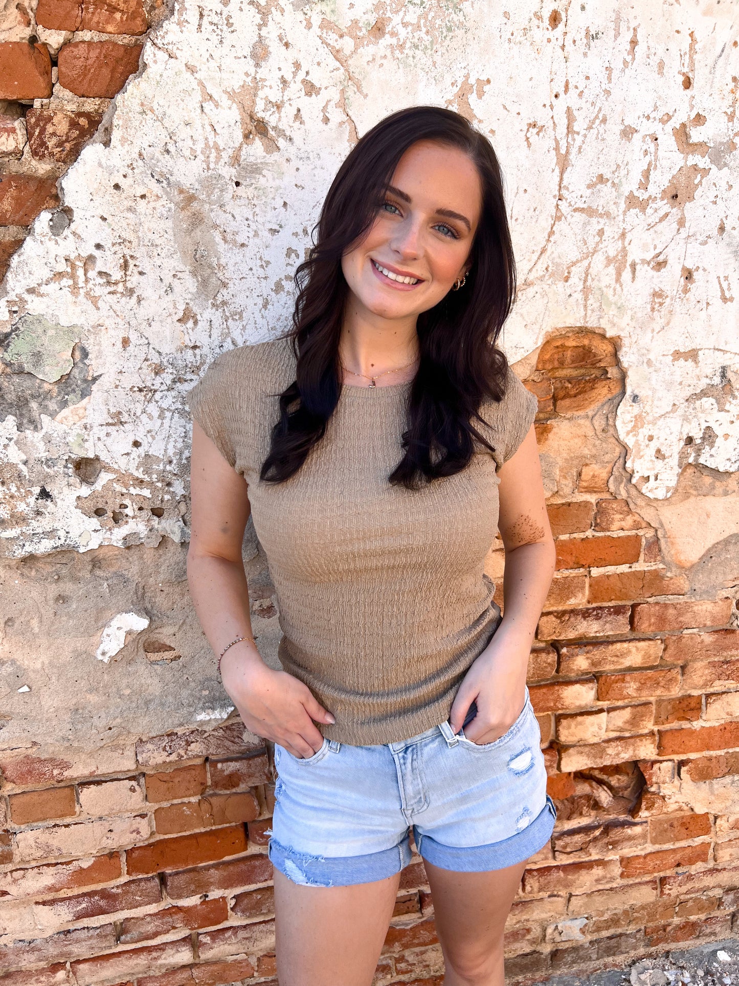 Kayla Round Neck Short Sleeve Textured Top-T-Shirt-HYFVE-Bin B5,CR 05/09/25,Tops Collection-The Twisted Chandelier