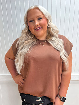 Cora Solid Round Neck Cap Sleeve Plus Top - Mocha