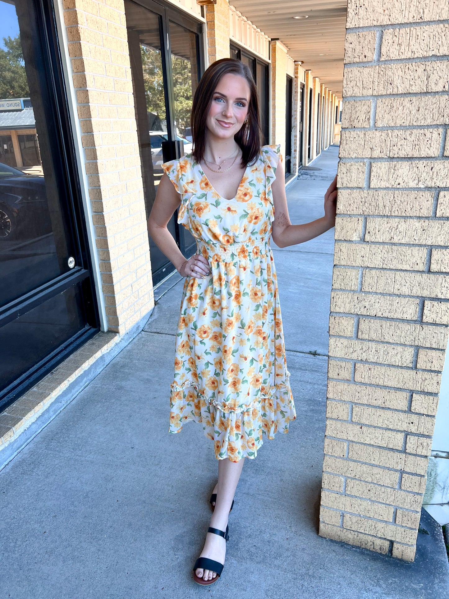 Josie Ruffled Sleeve Floral Print Woven Smocked Waist Midi Dress-Dress-She & Sky-09/03/24,1st md,DJR,OGP 49.99,SY6497-The Twisted Chandelier