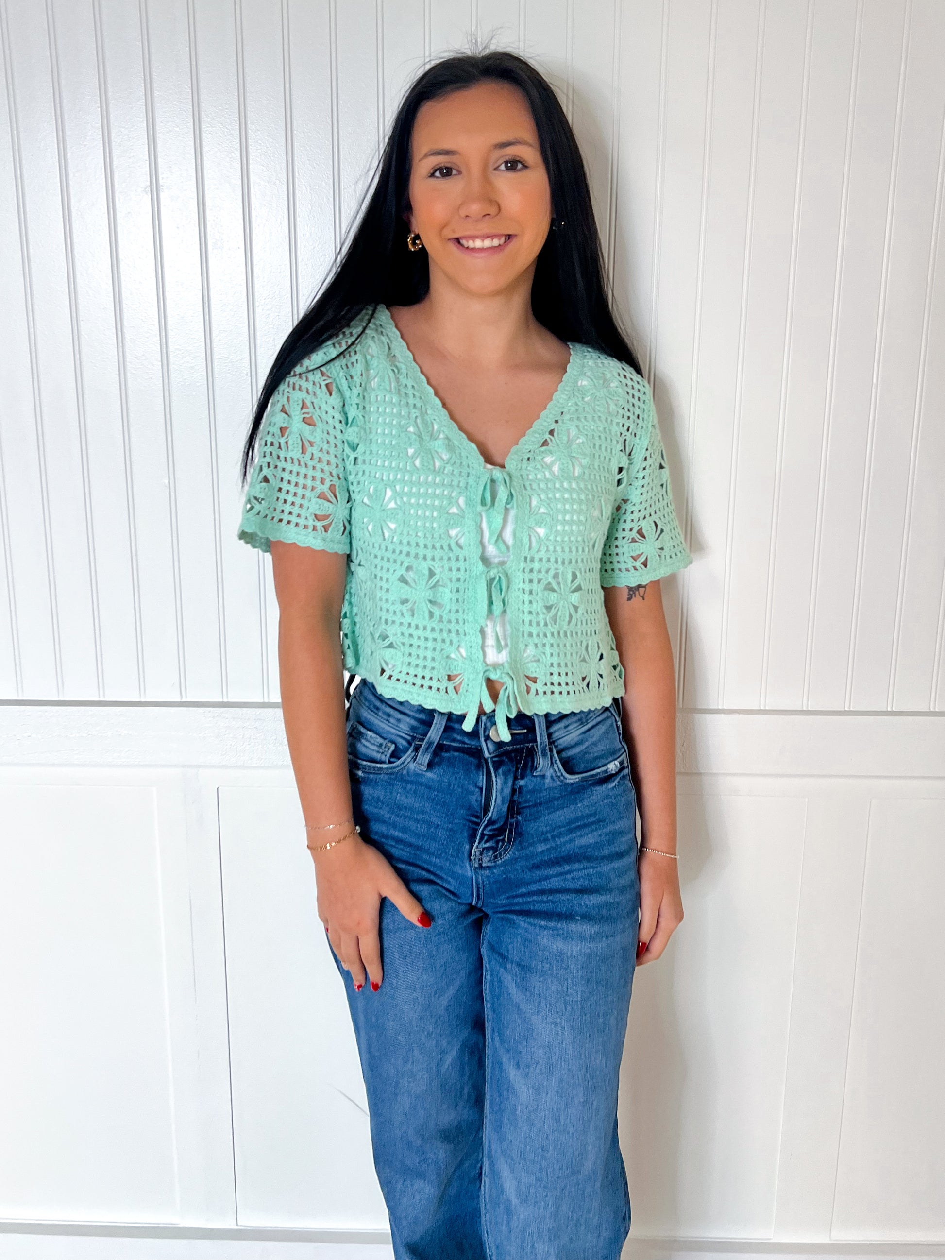 Khari Front Tie Crochet Casual Crop Top - Mint-VERY J-07/24/25,1st md,Bin B4,FD 06/17/25,OGP 24,Tops Collection-The Twisted Chandelier