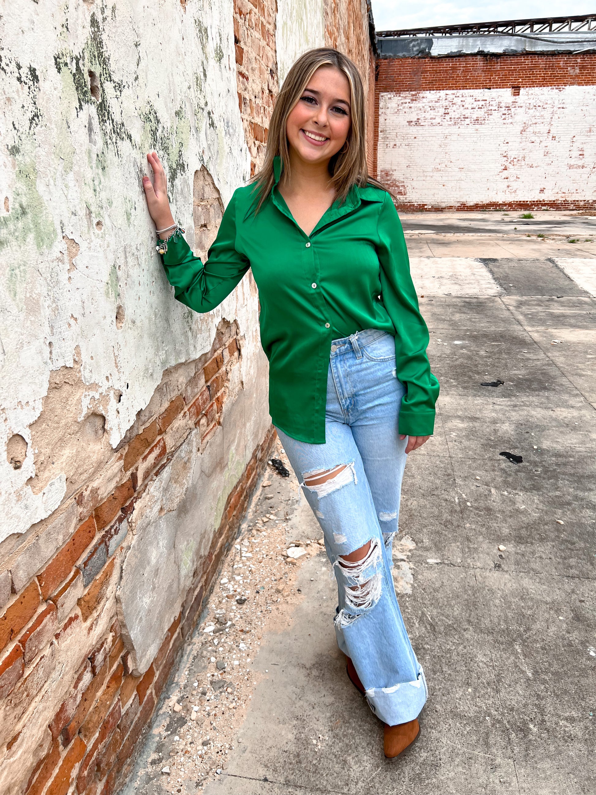 Lillie Green Silk Long Sleeve Top-TOPS-Your Fashion Wholesale-bin c3-The Twisted Chandelier