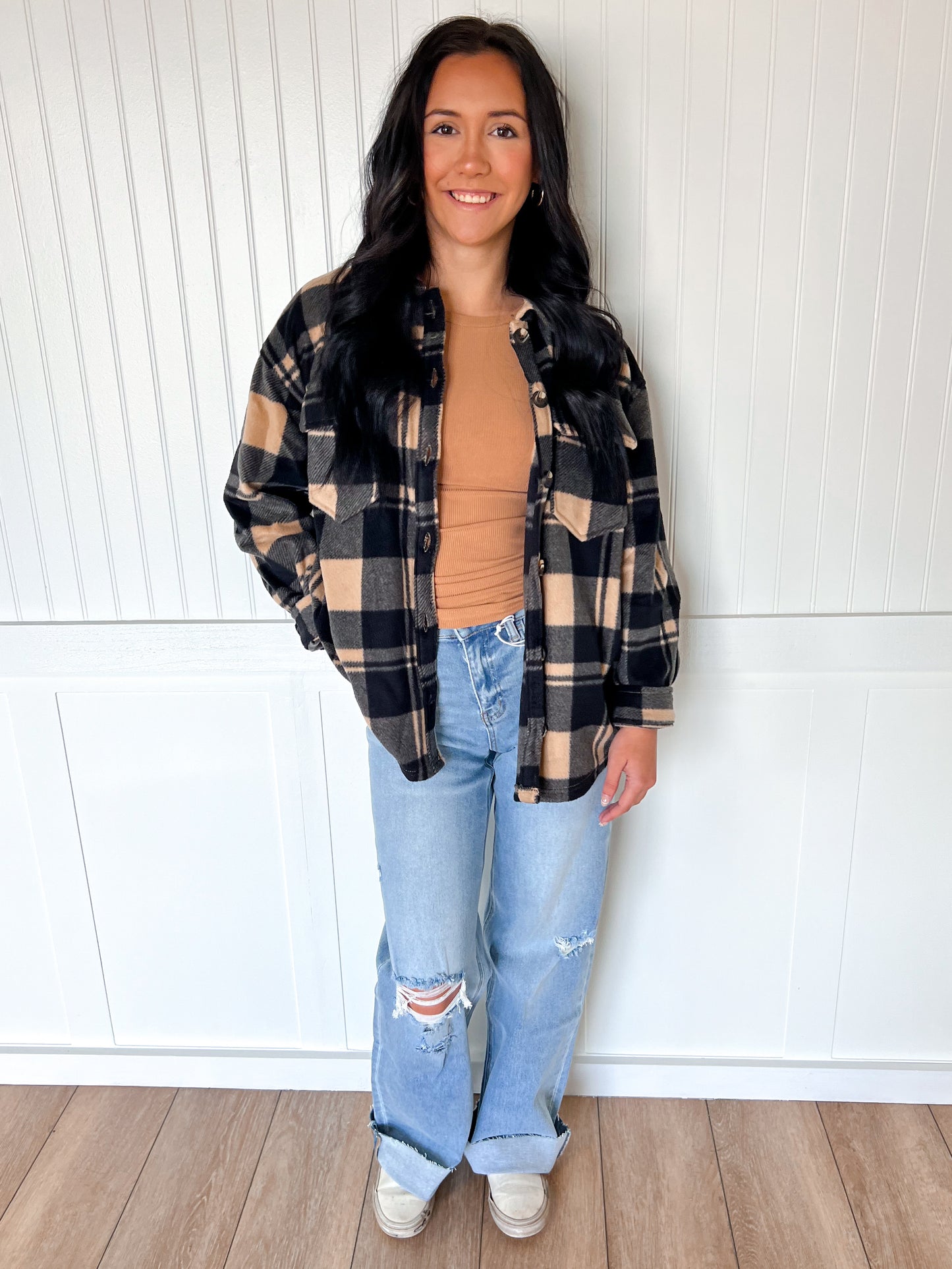 Loretta Long Sleeve Check Printed Fleece Shacket-Active Basic | Active USA-Tops Collection-The Twisted Chandelier