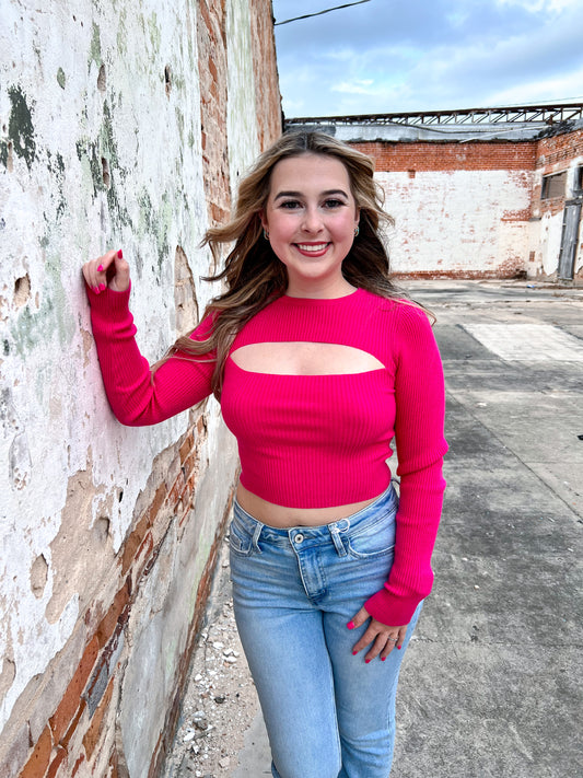 Kaylee Long Sleeve Cropped Cut Out Top - Fuchsia-TOPS-hyfve-$25 & Under Sale, 04/25, 05/27/24, 1st md, Tops Collection-The Twisted Chandelier