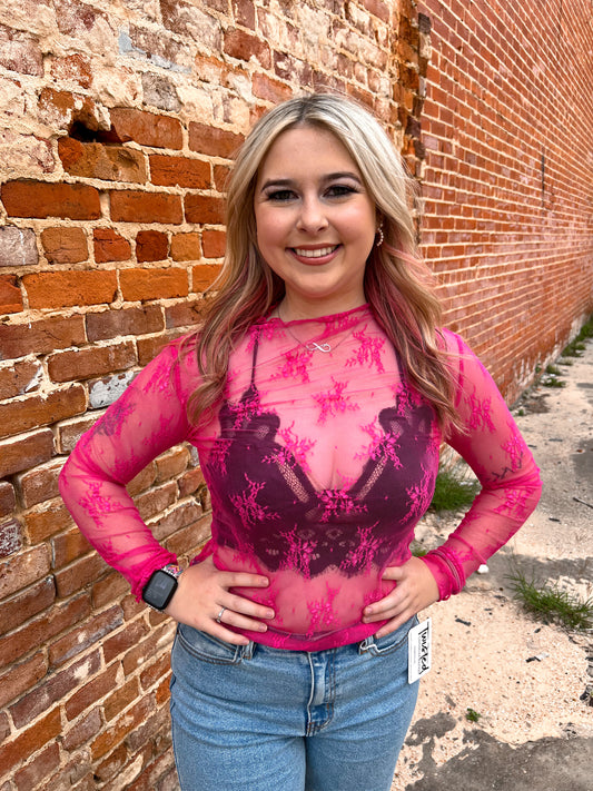 Long Sleeve Floral Lace Top - Hot Pink-Top-Sewn and Seen-BIN D4-The Twisted Chandelier