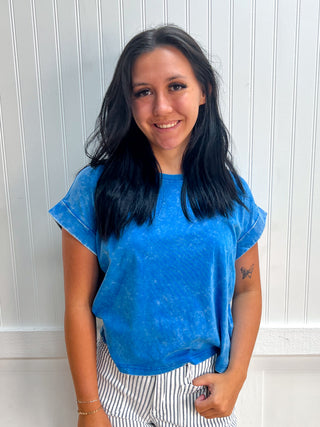 Kendall Washed Cotton Cuffed Short Sleeve Top - Ocean Blue-Top-ZENANA-Fd 8/3/26,Tops Collection-The Twisted Chandelier