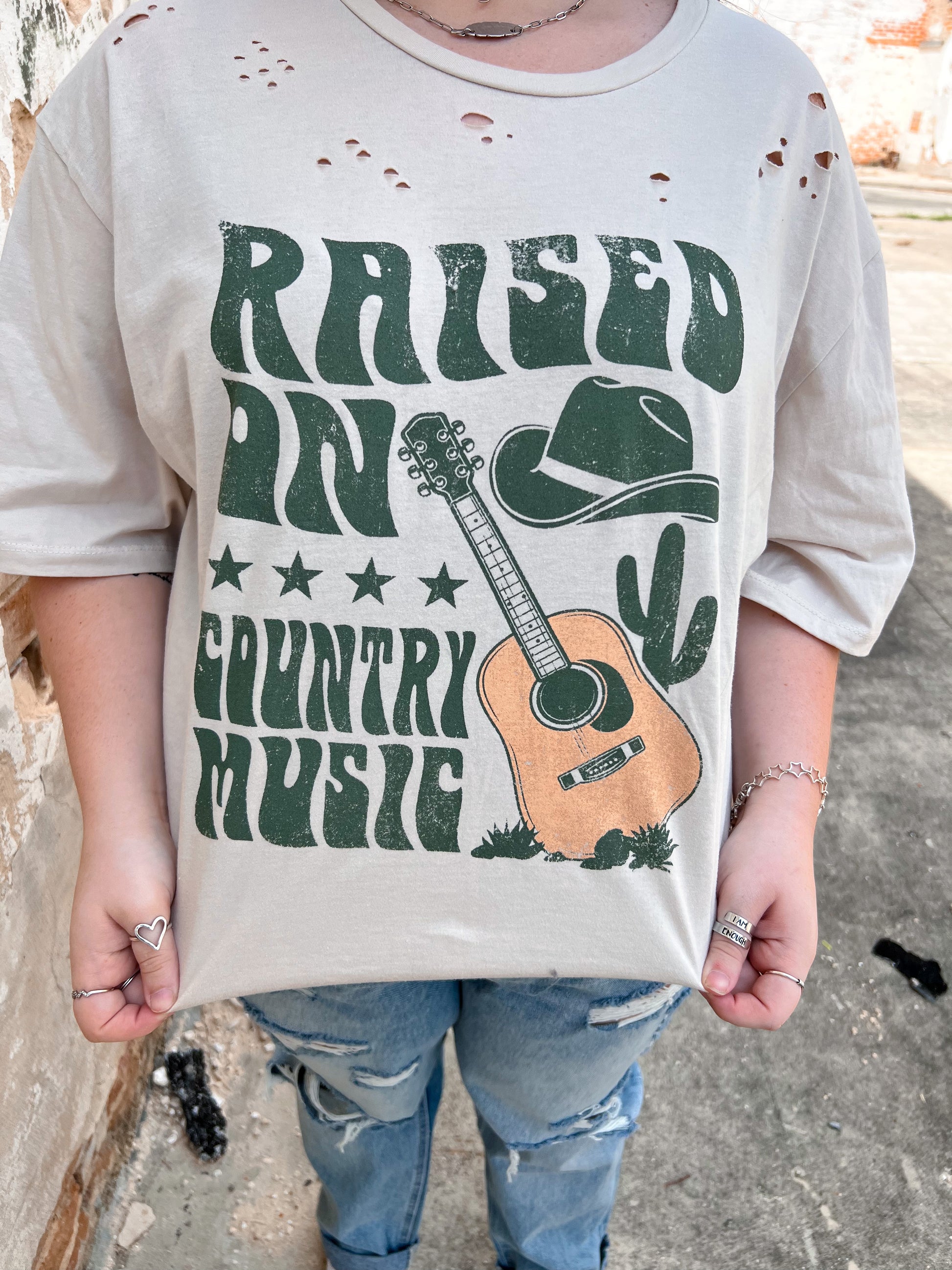 Raised on Country Music Distressed Rocker Tee - Plus-Rocker Tee-Zutter-05/25/24, 1st md, 88525-1992, FAVES, Max Retail, SH13535-The Twisted Chandelier