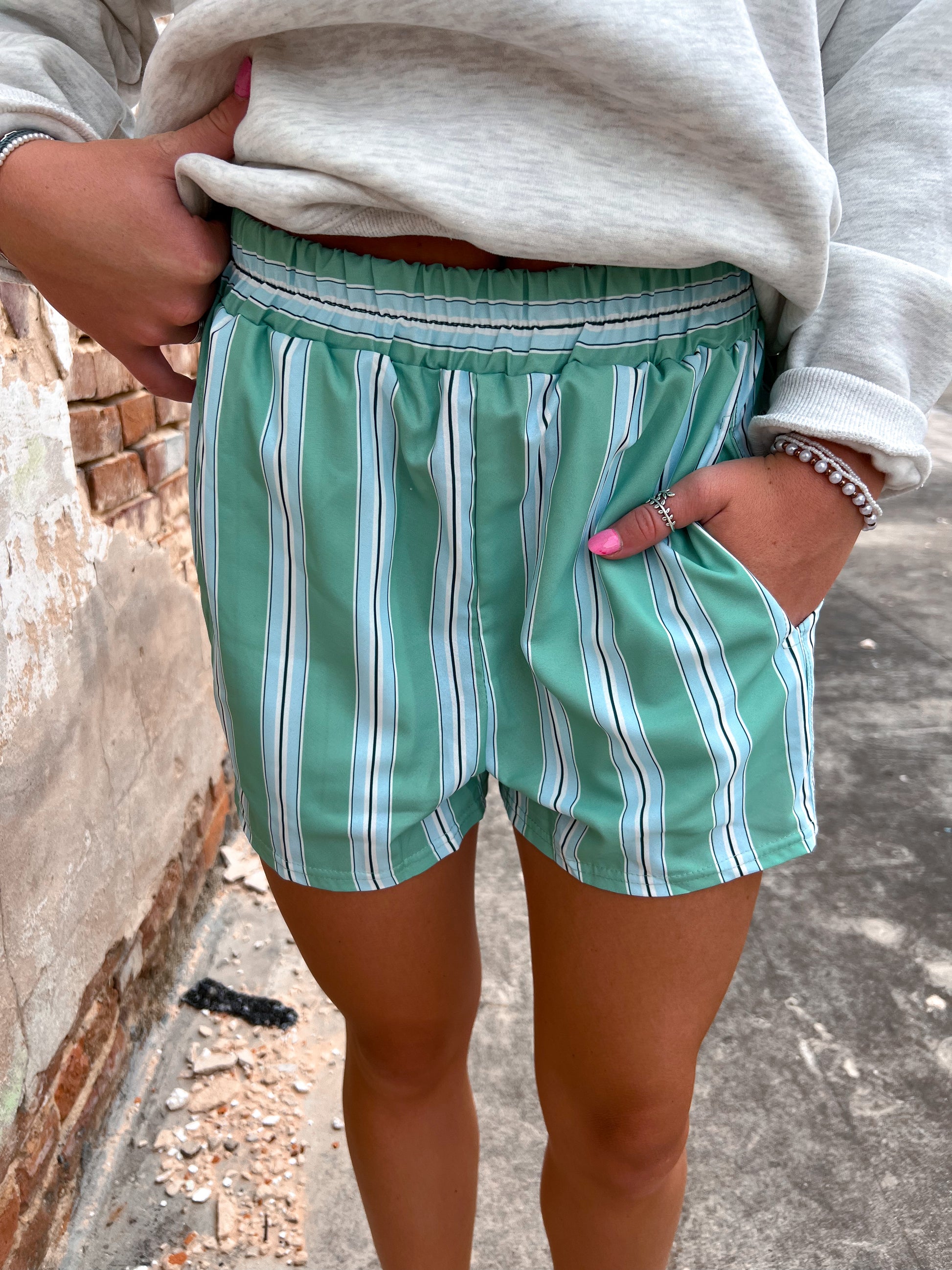 Stella Elastic Waist Boxer Shorts - Green & Blue Striped-Shorts-Rosa Clothing-BIN A4, FD 09/03/24-The Twisted Chandelier