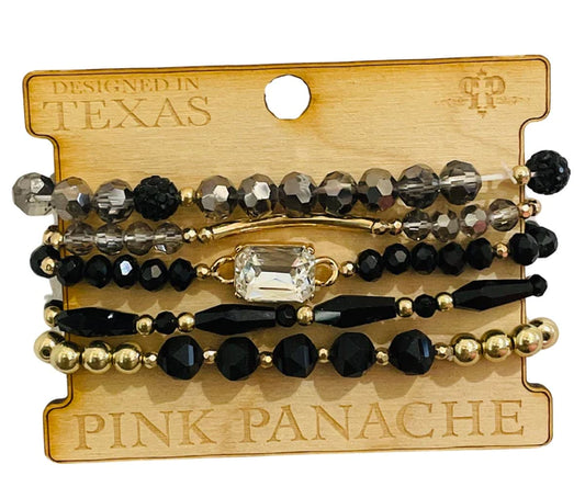 Pink Panache 5-Strand Black Crystal and Gold Bead Bracelet-Bracelet-Pink Panache--The Twisted Chandelier