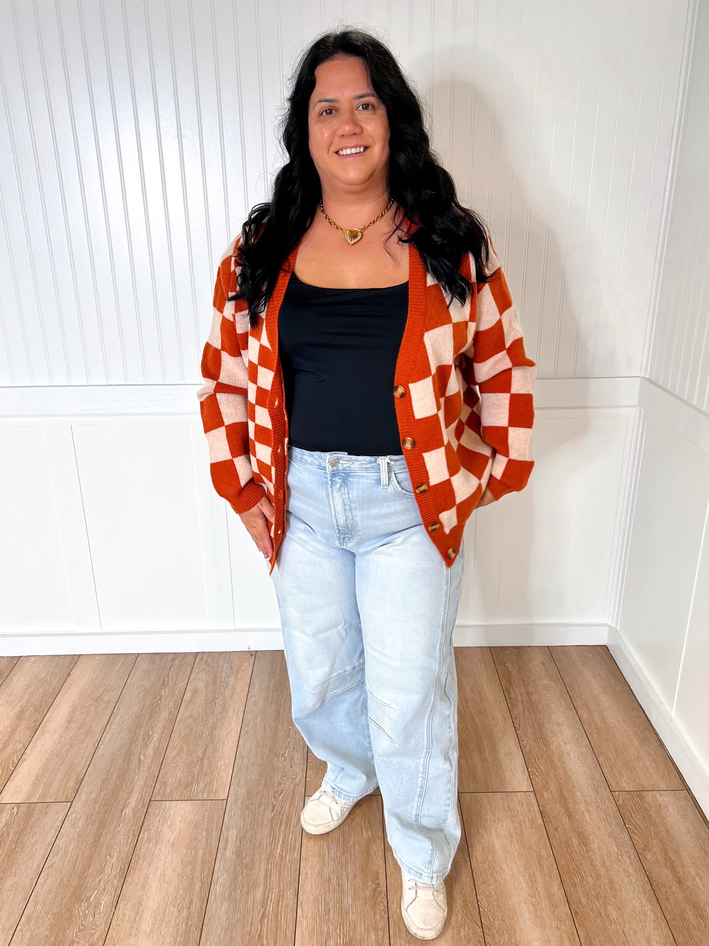 Ophelia Orange Checkered Cardigan-Cardigan-Southern Grace Wholesale-5390,Max Retail-The Twisted Chandelier