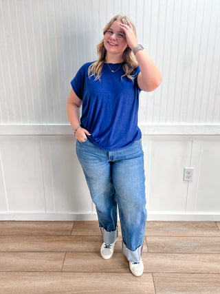 Addie Slub Cuffed Sleeve Tee - Navy-Top-ZENANA-FD 08/03/26,Tops Collection-The Twisted Chandelier