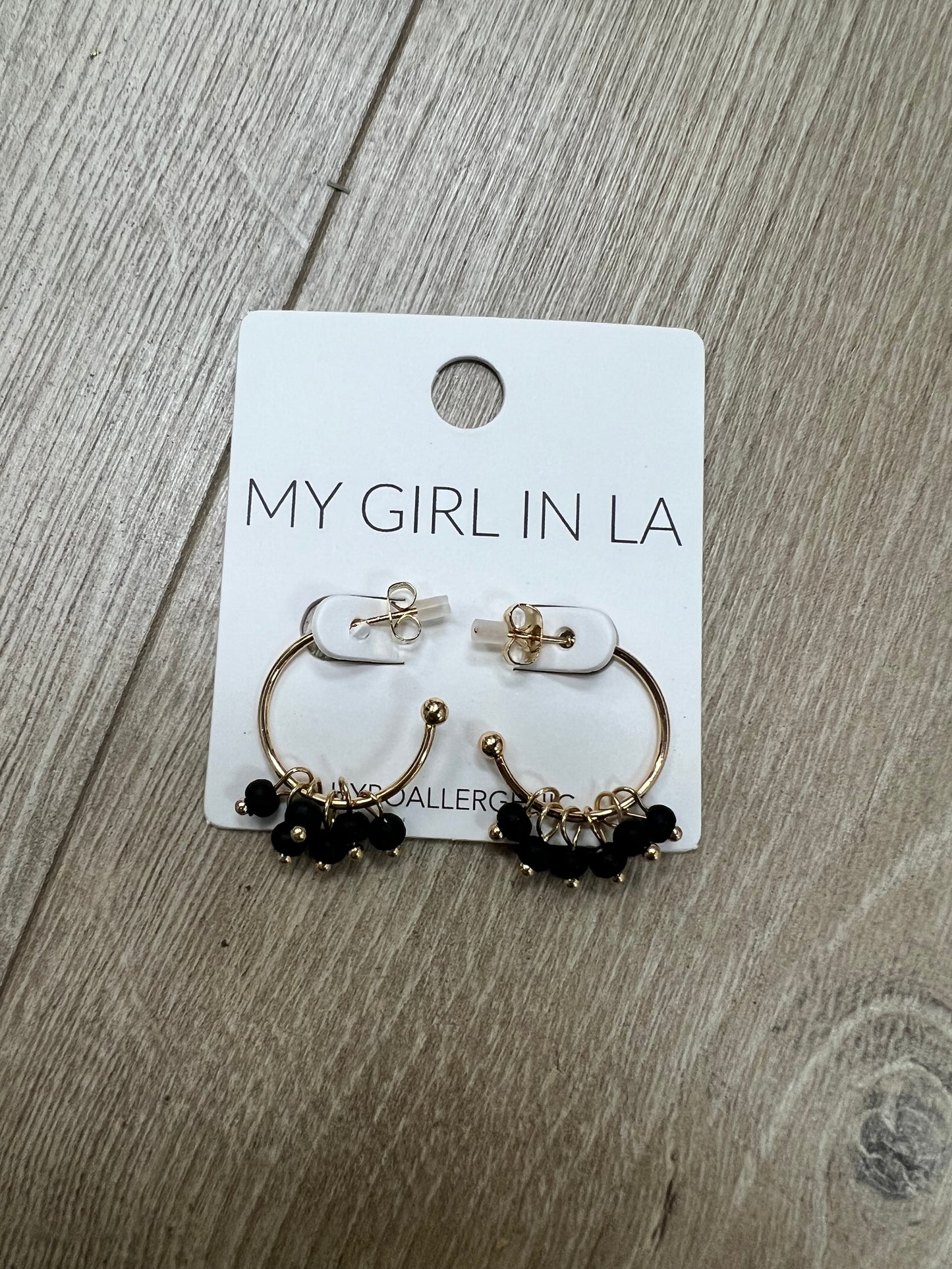 Gold Hoop Earrings with Black Crystals