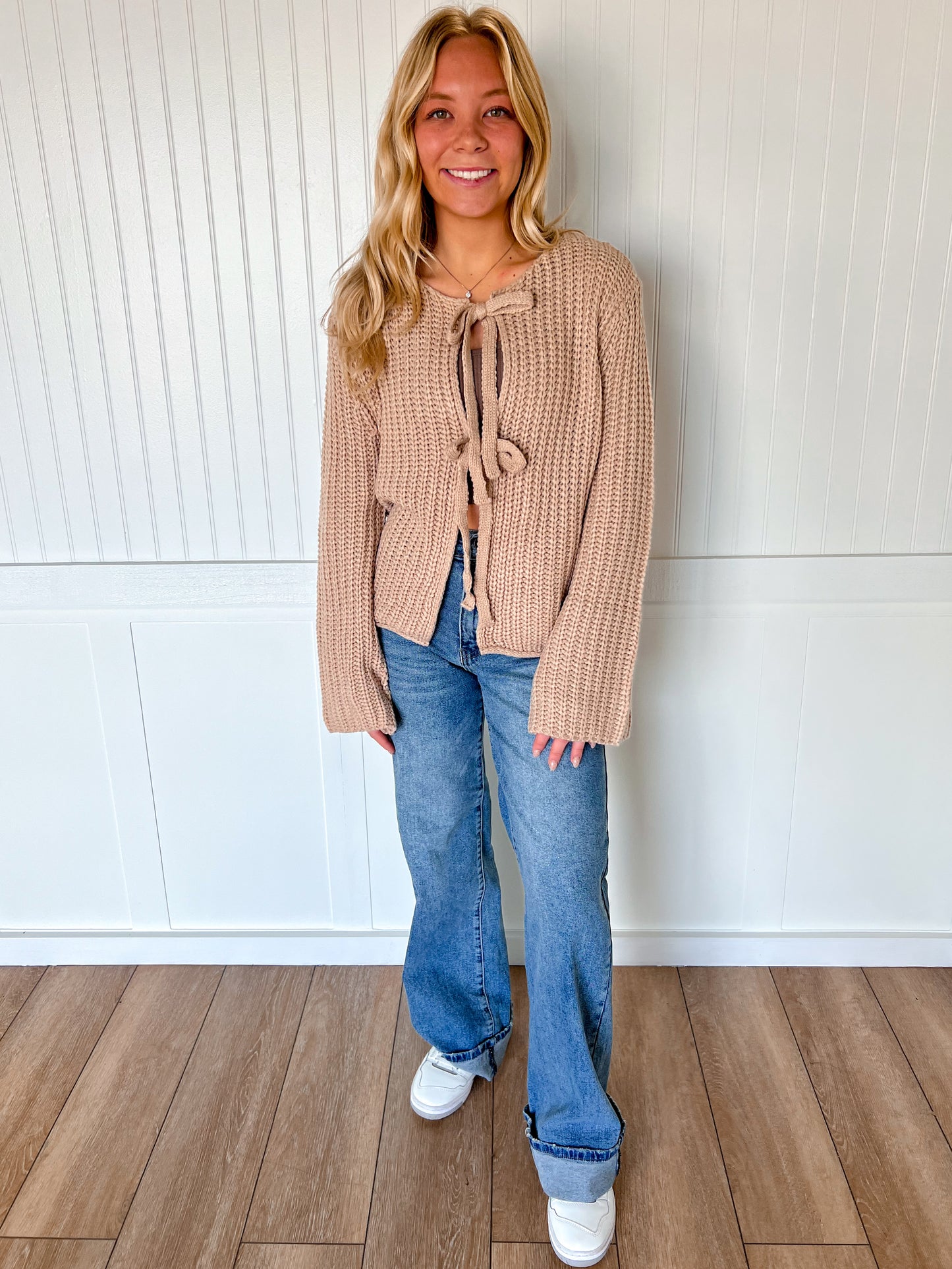 Rowan Neutral Loose Knit Sweater Top with Front Bow Tie Detail-Cardigan-BiBi-FD 11/6/25-The Twisted Chandelier