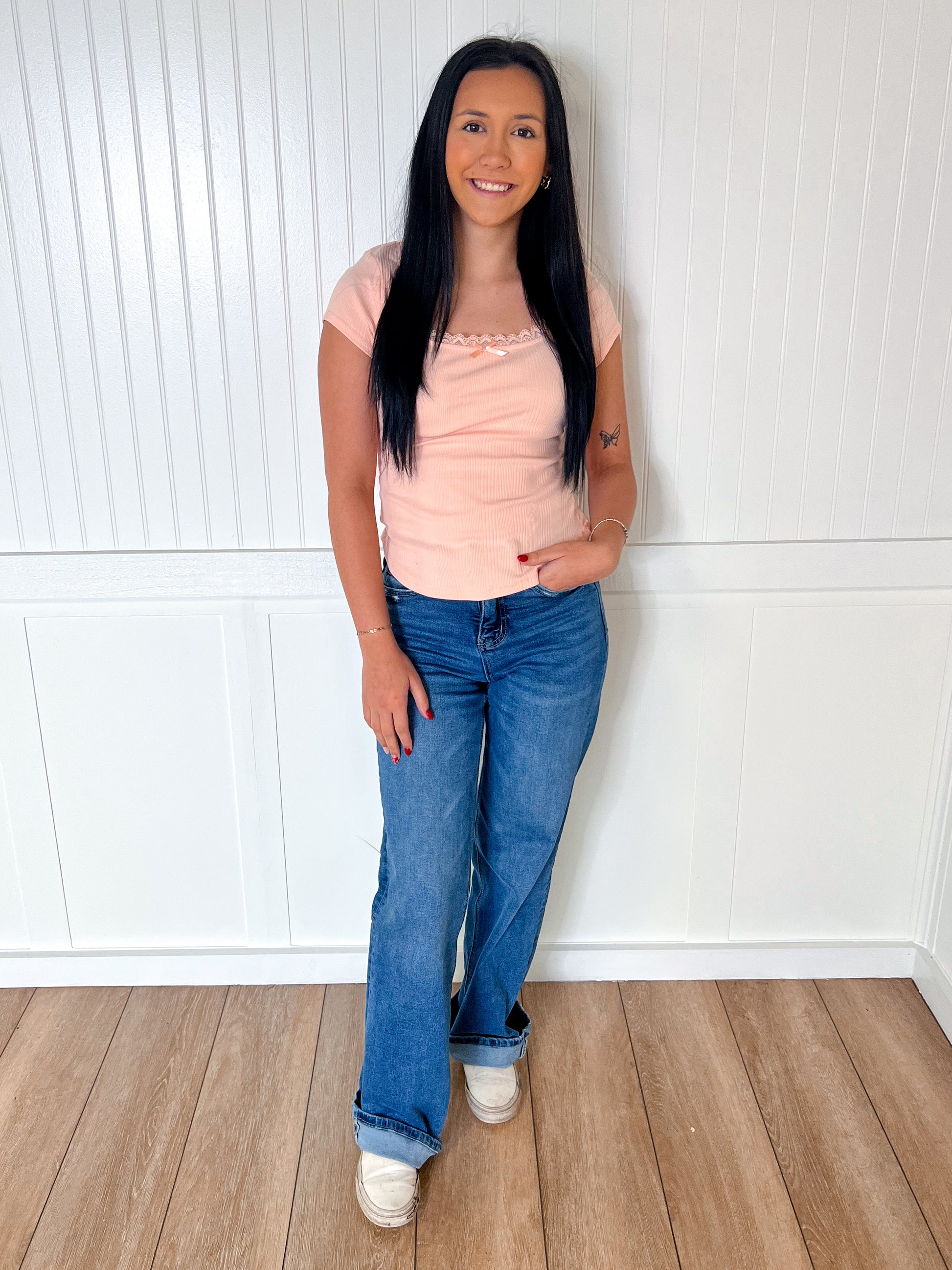 Maven Lace & Bow Trim Ribbed Knit Top - Salmon-VERY J-Bin B4,FD 07/15/25,OGP 32.50,Tops Collection-The Twisted Chandelier