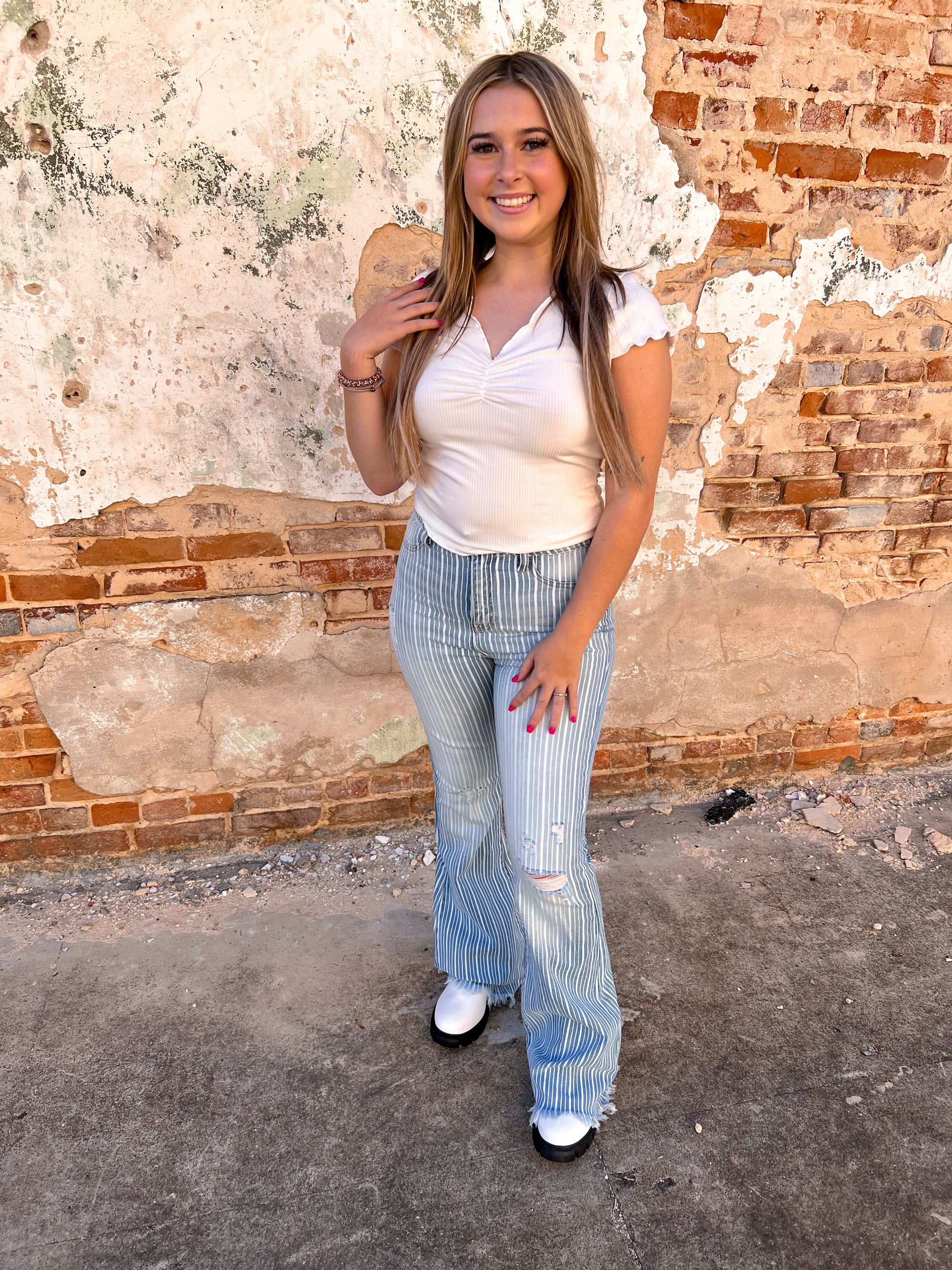 Magnolia Stripe High Rise Fray Hem Super Flare Cello Jeans-Pants-Cello-09/06/23, 2nd md, 3rd md, 8/09/23, Max Retail, WV38257STR-The Twisted Chandelier