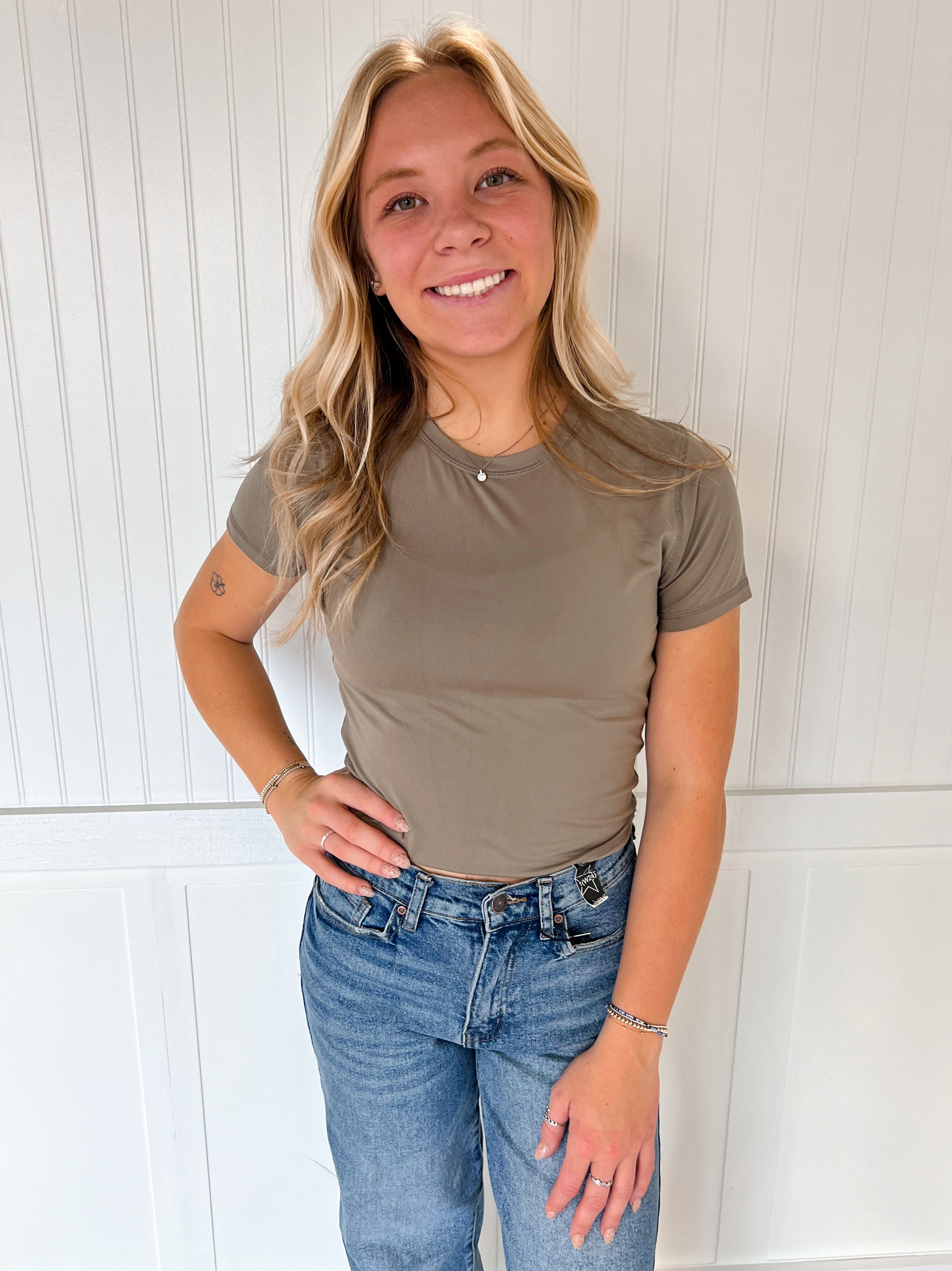 Jamie Classic Chic Slim Fit Tee - Warm Grey-Active Wear-Mono B-BIN A 3,FD 7/01/25,Top,Tops Collection-The Twisted Chandelier