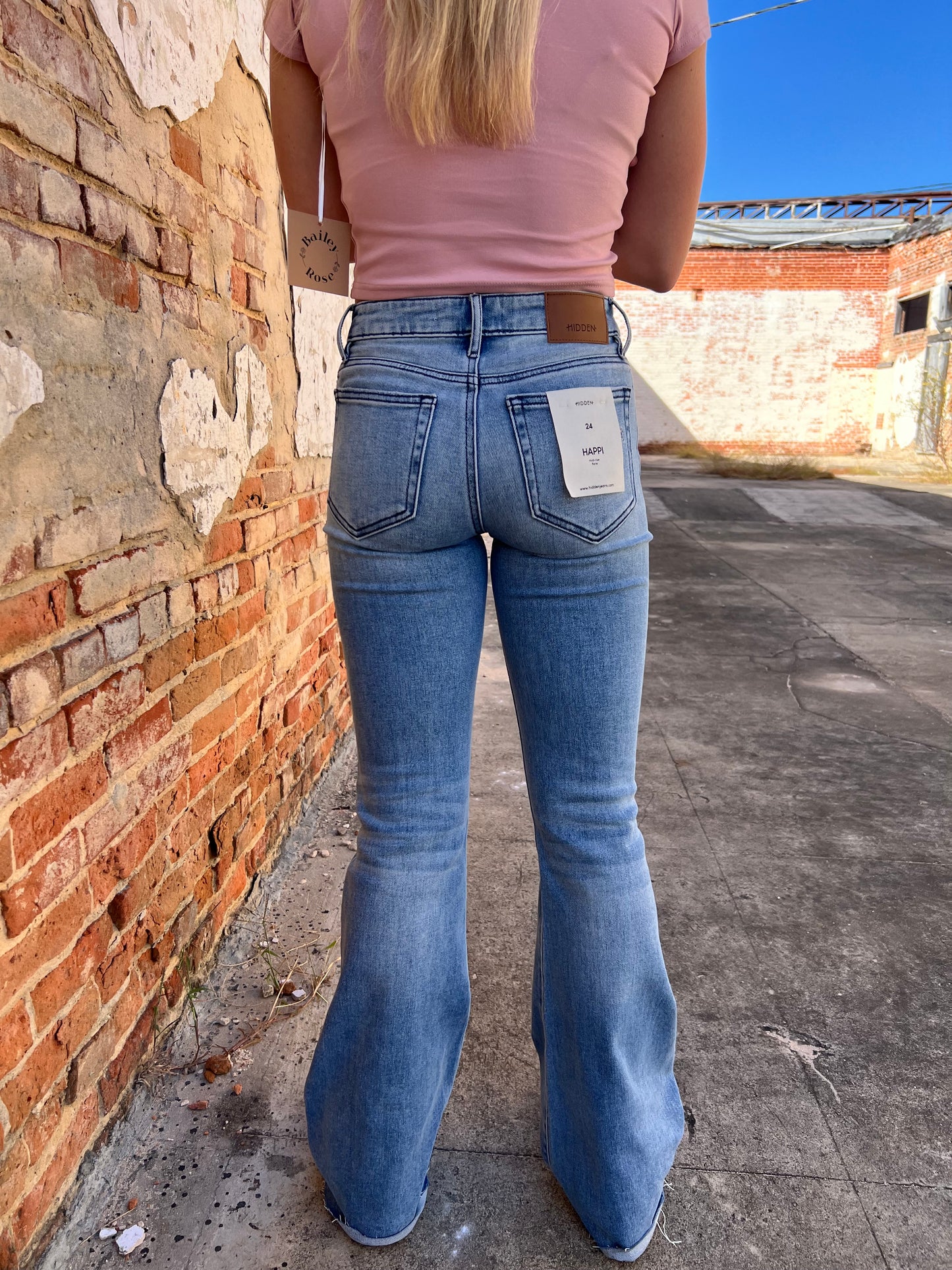 Happi Medium Light Mid Rise Distressed 33" Inseam Flare-Hidden Jeans-BIN D2, bottoms, CR 10/21/24, FD 10/22/24-The Twisted Chandelier