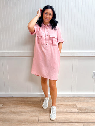 Blair Roll Up Short Sleeve Straight Linen Effect Mini Dress-Dress-Active Basic | Active USA-DJR,FD 02/03/26-The Twisted Chandelier