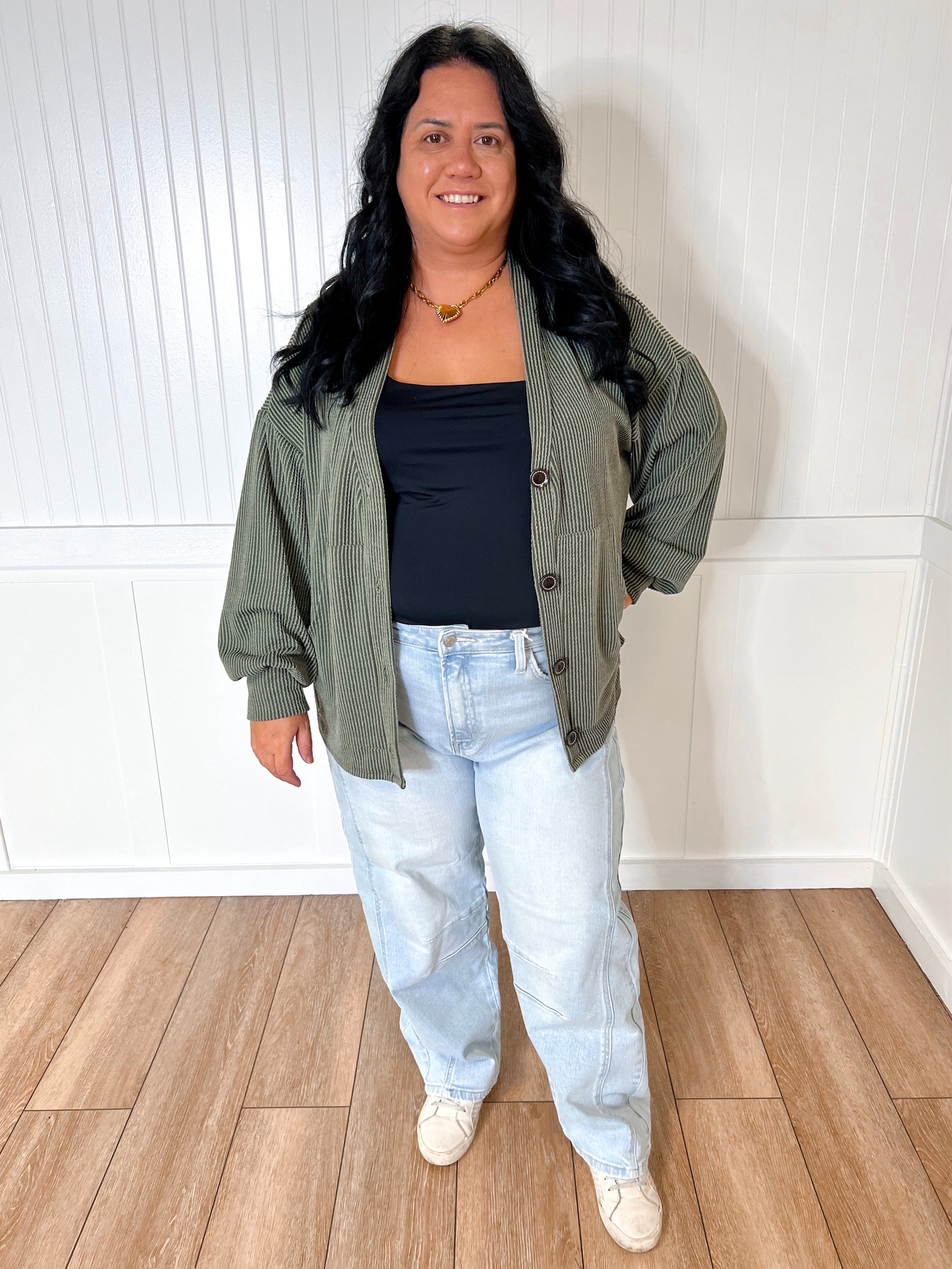 Kate Solid Rib Drop Shoulder Button Balloon Sleeve Cardigan - Olive-7th Ray-BIN A2,FD 09/22/25,OGP 42.99-The Twisted Chandelier