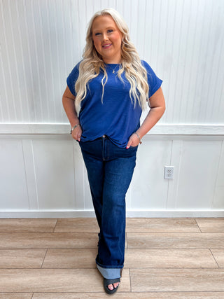 Addie Slub Cuffed Sleeve Tee - Plus - Navy-Top-ZENANA-FD 08/03/26,Tops Collection-The Twisted Chandelier