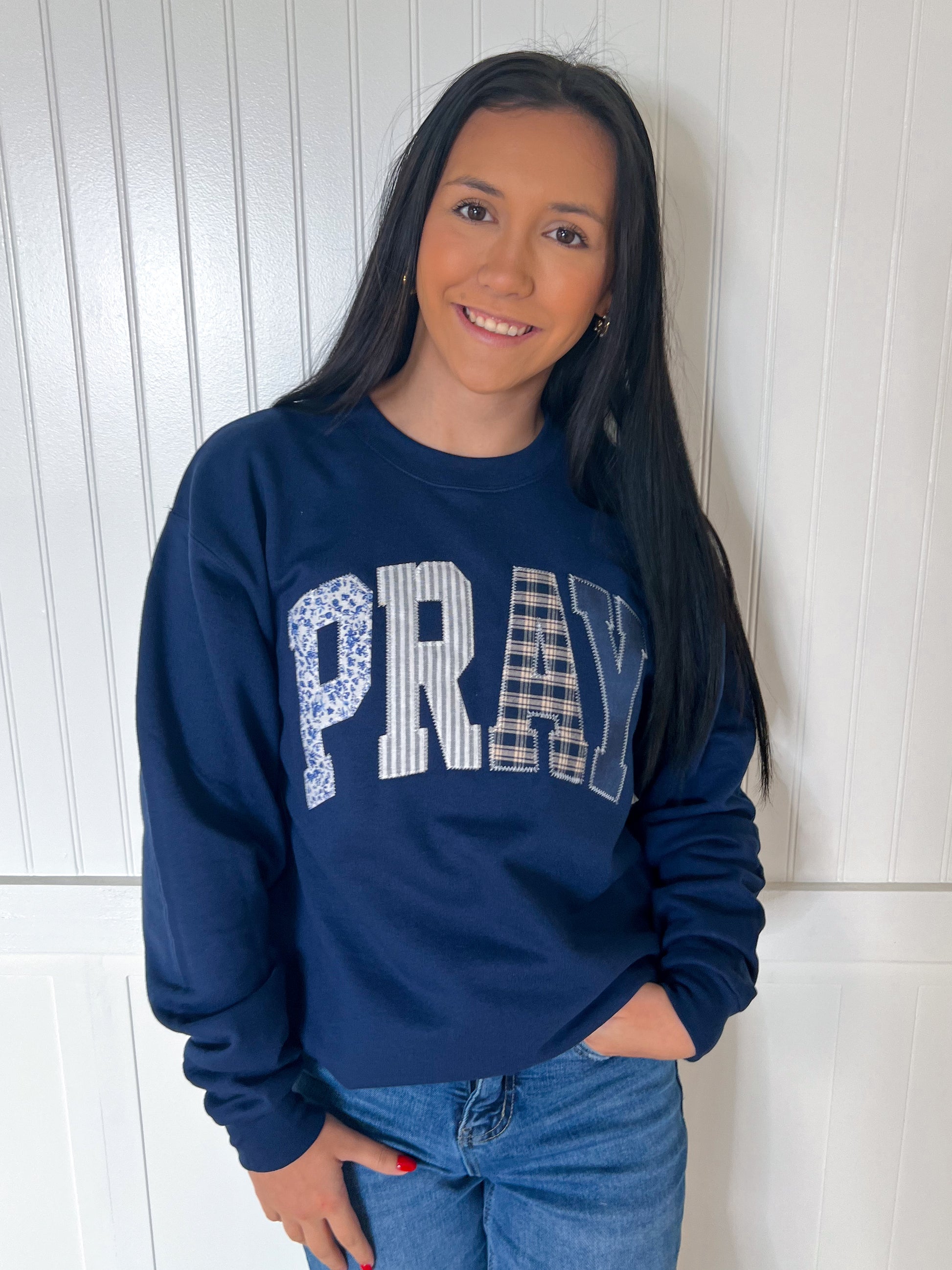 Pray Navy Faith Sweatshirt -Shop Southern Belle-Tops Collection-The Twisted Chandelier