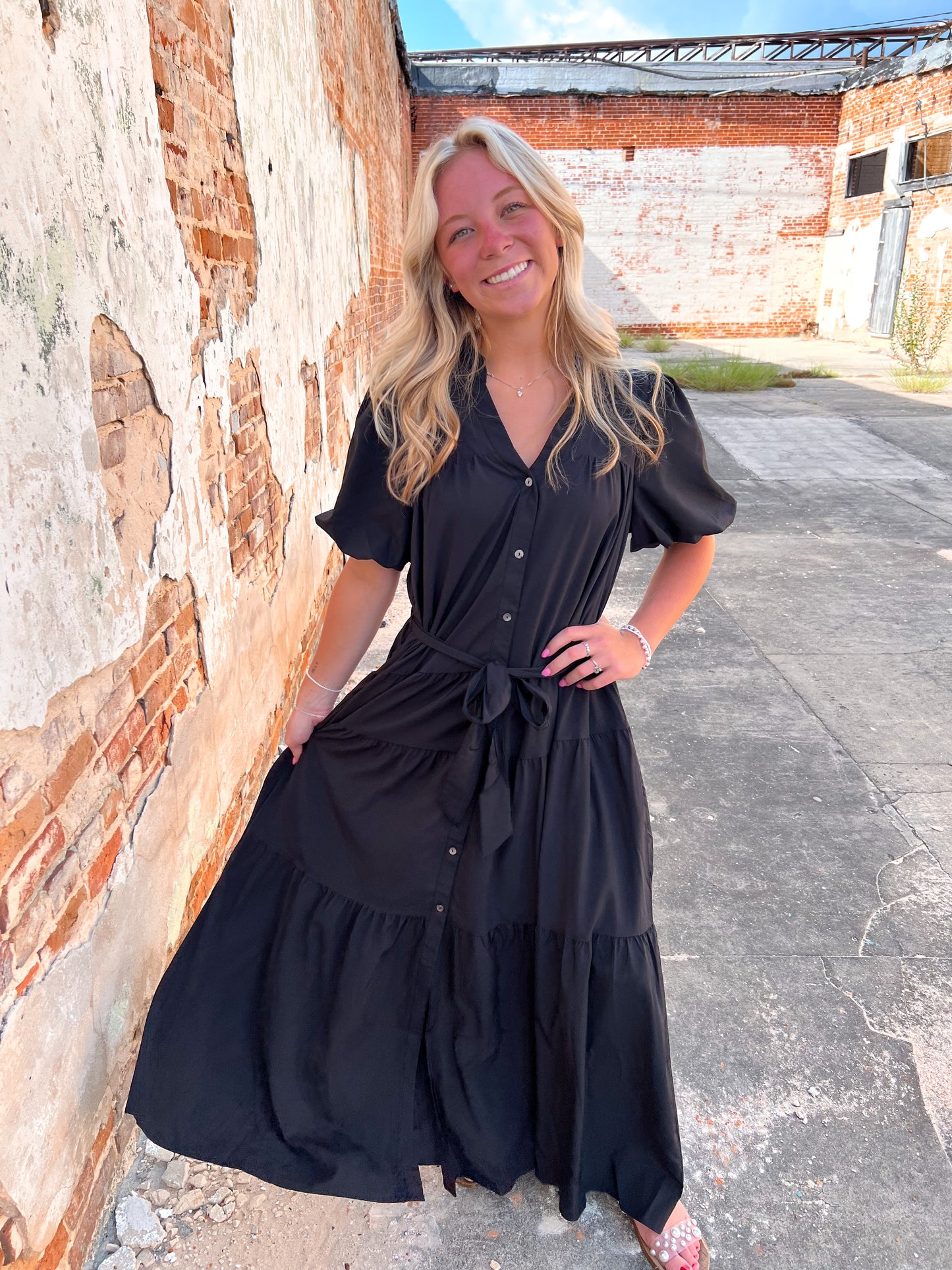 Kinsley Solid V-Neck Puff Sleeve Button Down Midi Dress - Black-Midi Dress-Entro-bin c3, CR 08/21/24-The Twisted Chandelier