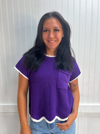 Peyton Drop Shoulder Short Sleeve Scallop Hem Sweater Top