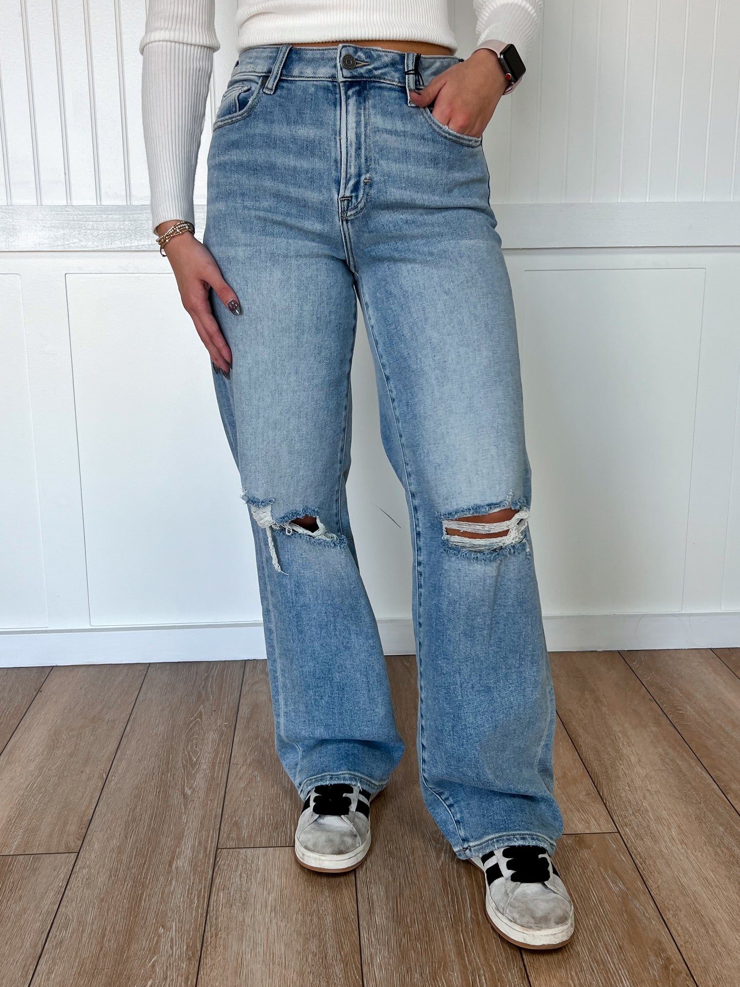 Mia Medium Light Knee Distressed Stretch Dad Hidden Jeans-Dad Jeans-Hidden Jeans-Bin b6,bottoms,FD 02/25/25-The Twisted Chandelier