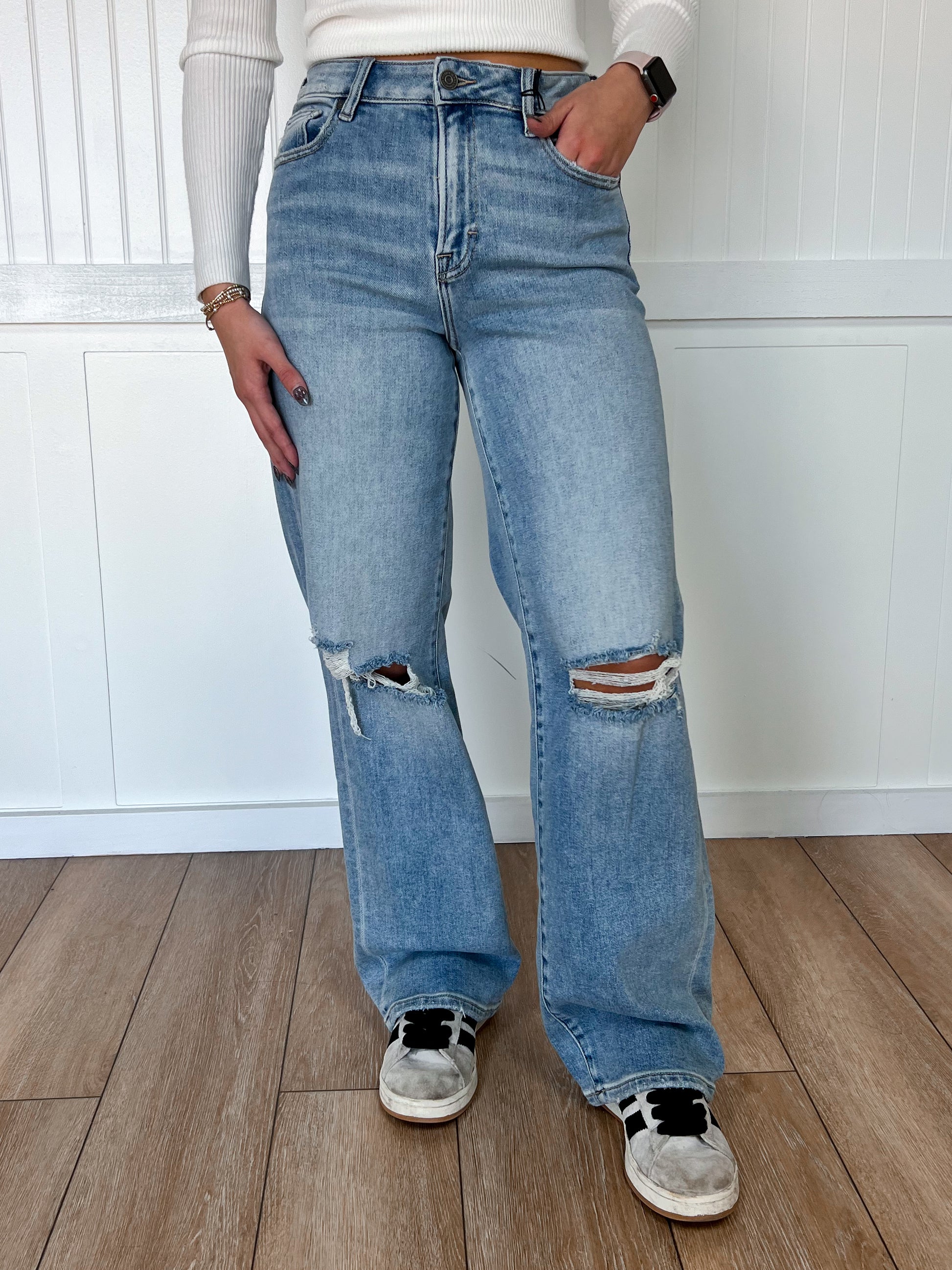 Mia Medium Light Knee Distressed Stretch Dad Hidden Jeans-Dad Jeans-Hidden Jeans-Bin b6,bottoms,FD 02/25/25-The Twisted Chandelier