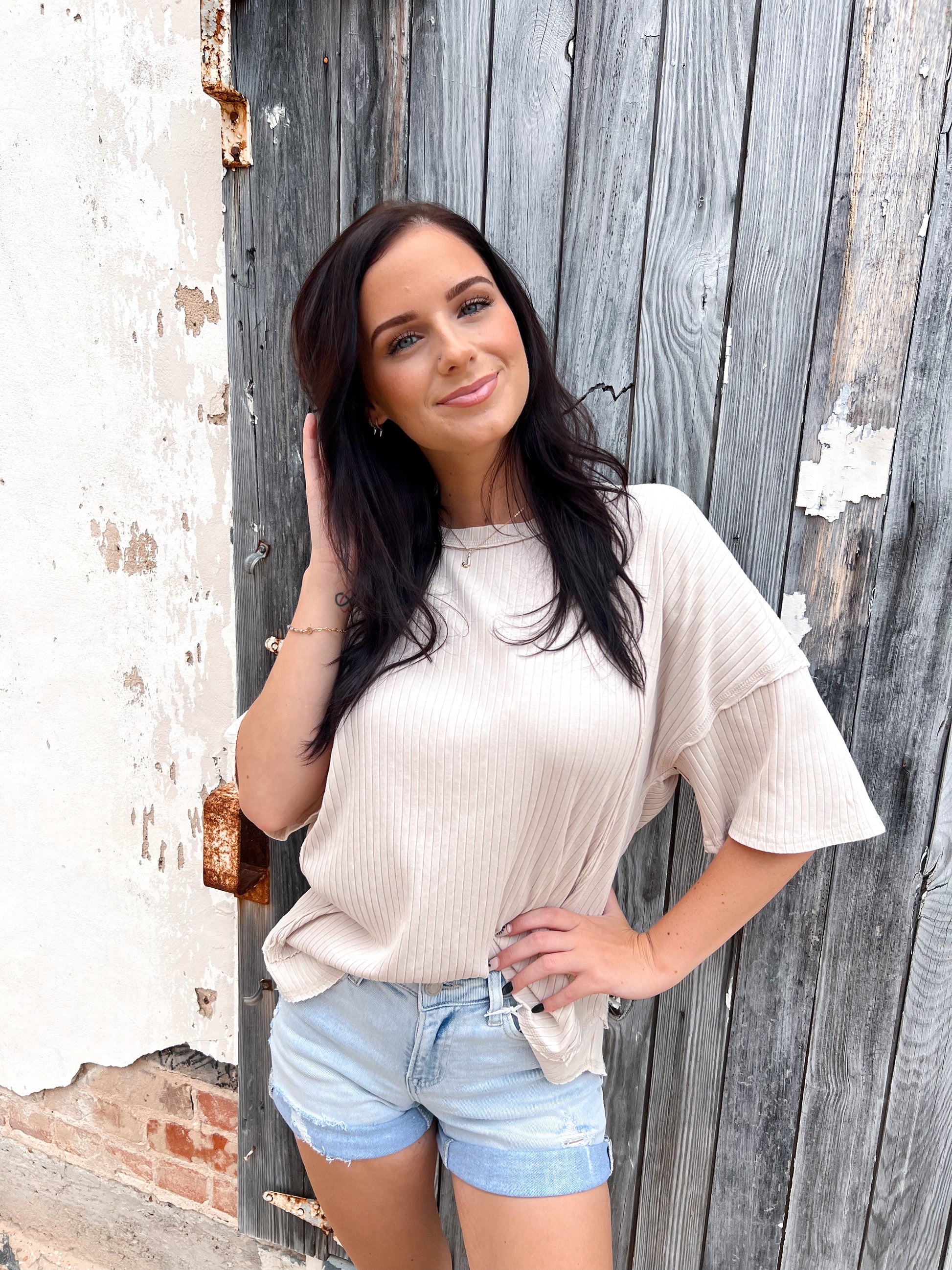 Cassie Mineral Washed Oversized Ribbed Knit Casual Top - Beige-VERY J-BIN D4,FD 8/5/25,Tops Collection-The Twisted Chandelier