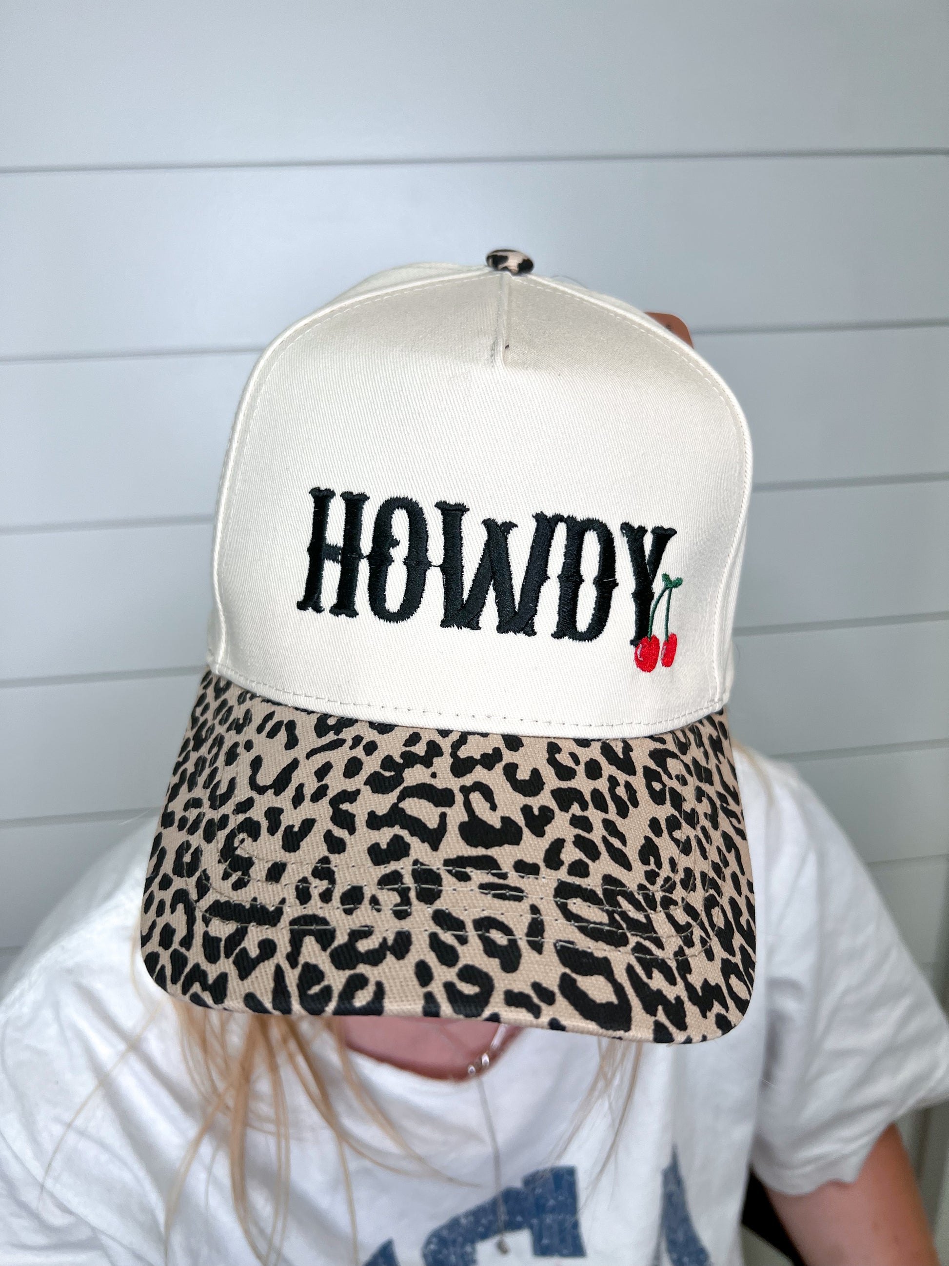 Howdy Cherry Leopard Embroidered Canvas Hat-Southern N Savvy-The Twisted Chandelier