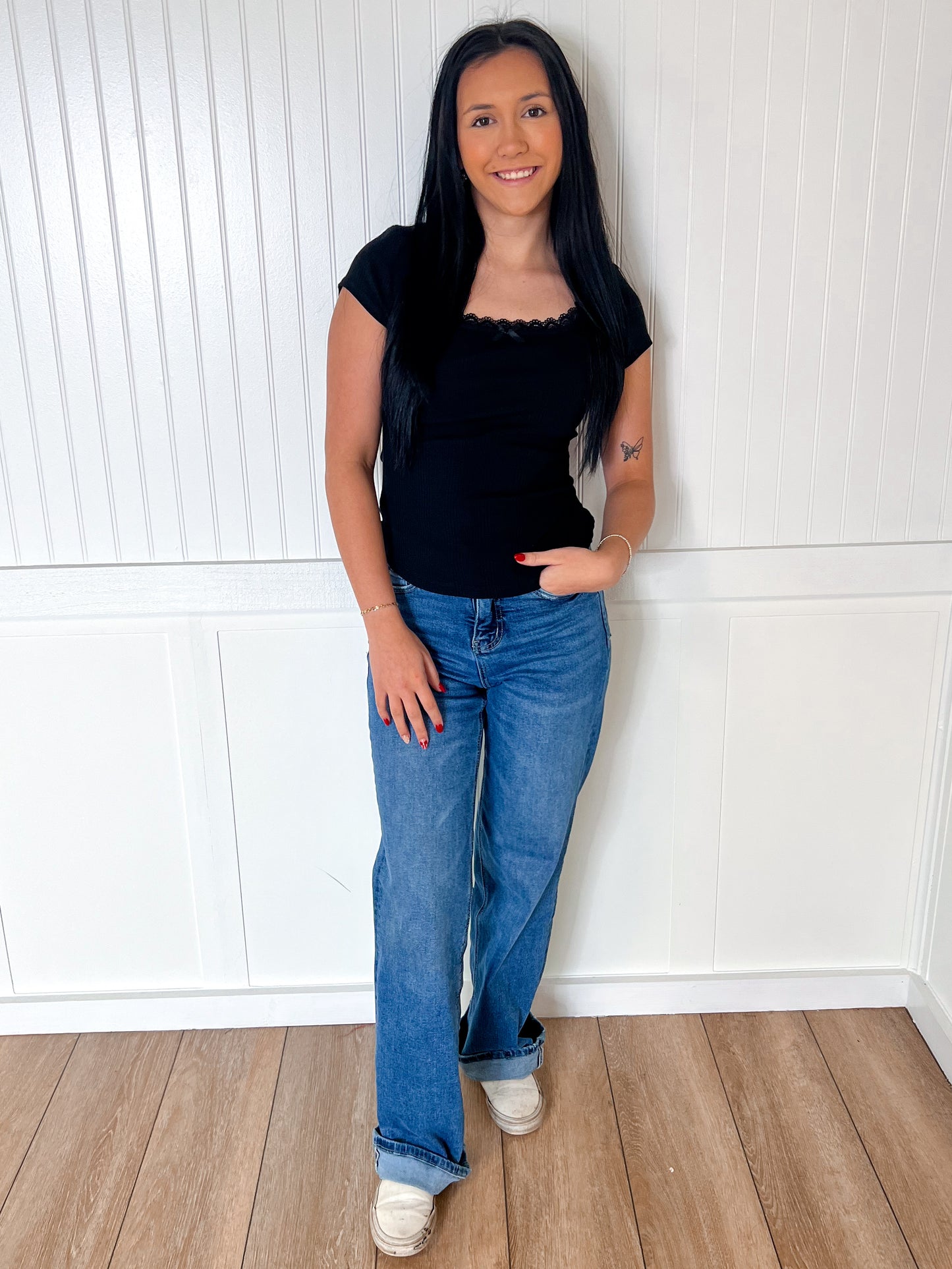 Maven Lace & Bow Trim Ribbed Knit Top - Black-VERY J-Bin B4,FD 8/5/25,OGP 32.50,Tops Collection-The Twisted Chandelier