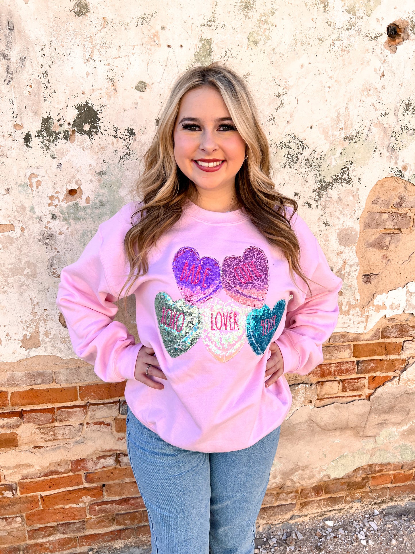 Conversation Valentine Heart Light Pink Sweatshirt-Sweatshirt-Southern Belle Wholesale--The Twisted Chandelier