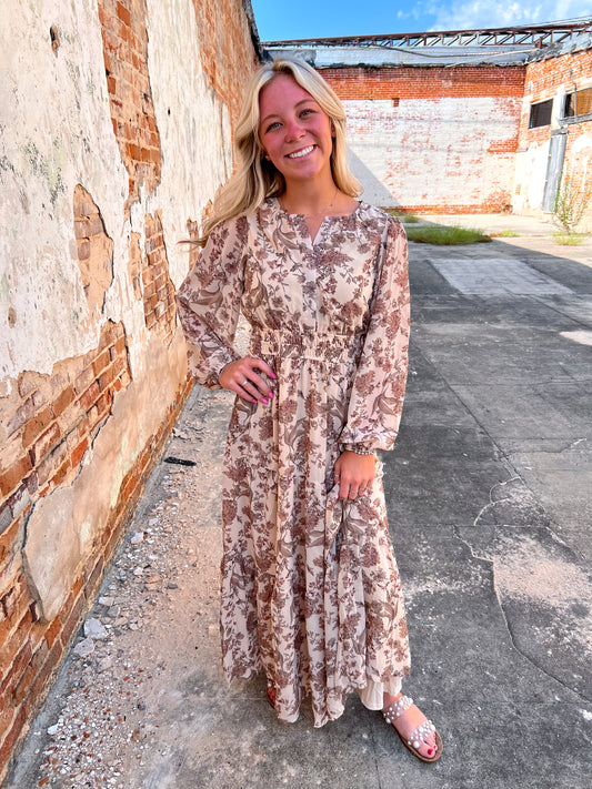 Maple Long Sleeve Woven Print Tiered Maxi Dress-Maxi Dress-She & Sky-bin c3, FD 09/30/24, PSY7519-The Twisted Chandelier