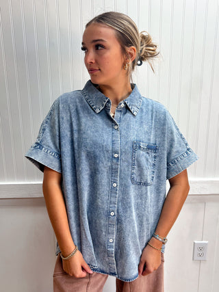Blythe Mineral Washed Chambray Oversized Shirt Top