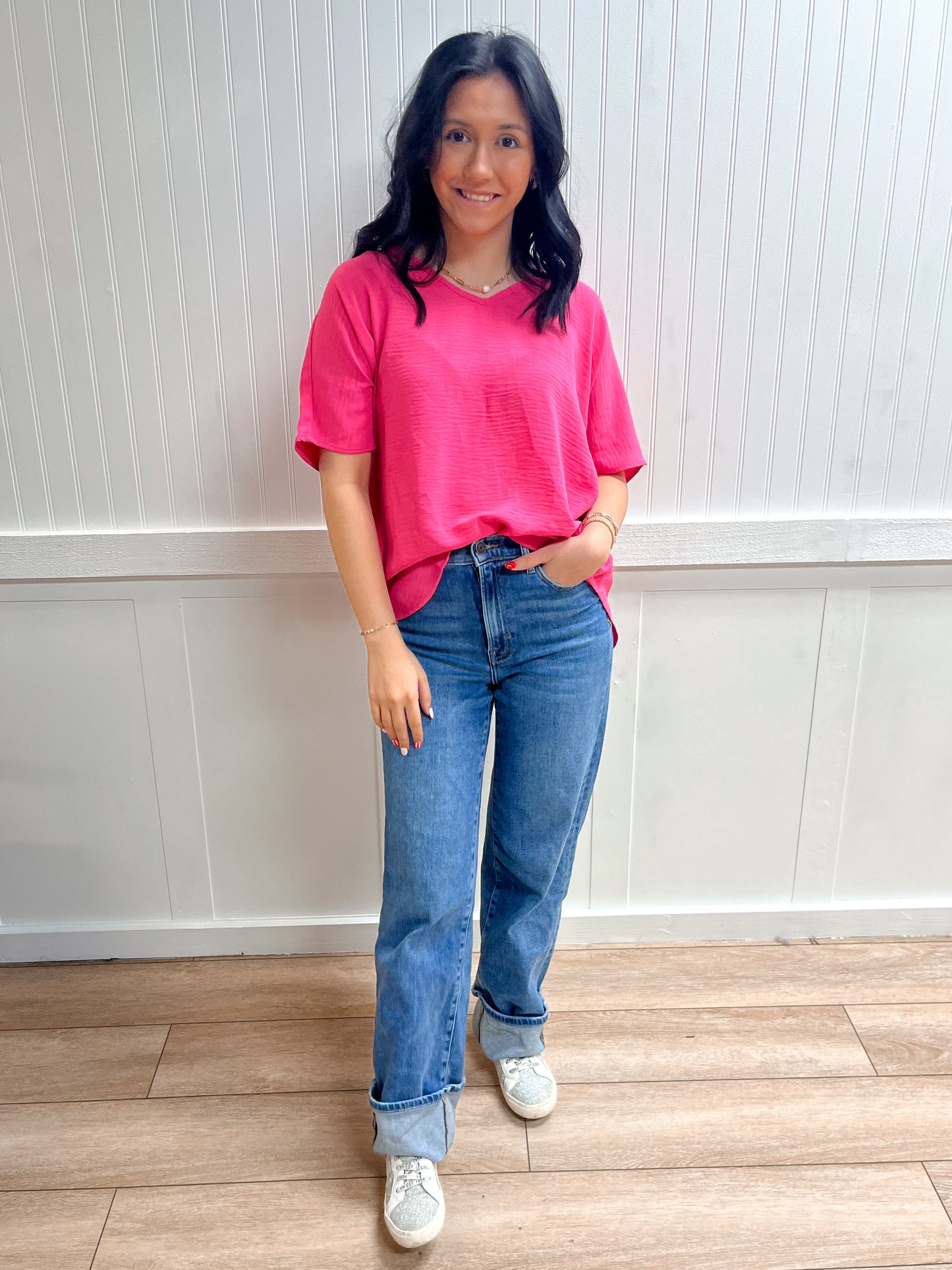 Brynn Woven Airflow V-Neck Short Sleeve Top - Fuchsia-ZENANA-Tops Collection-The Twisted Chandelier