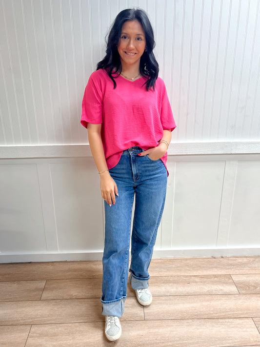 Brynn Woven Airflow V-Neck Short Sleeve Top - Fuchsia-ZENANA-Tops Collection-The Twisted Chandelier