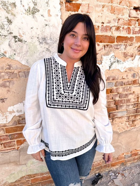 Judy Geometric Embroidered Ivory Top-Dolman Top-Andree-1st md 6/28, 2nd md, Max Retail, md 7/30, T11286-The Twisted Chandelier